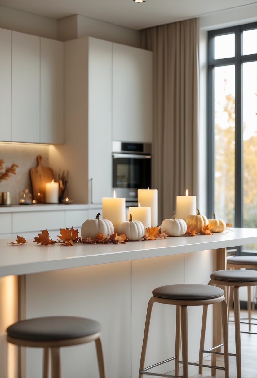 A modern kitchen island with fall decorations like small pumpkins and candles, surrounded by minimalist cabinets and natural light.
