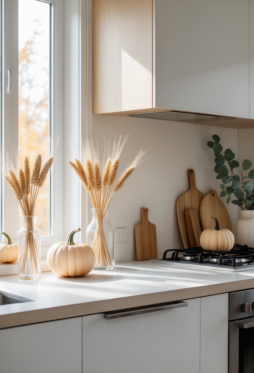 A minimalist kitchen countertop with small pumpkins, dried wheat in a glass vase, and eucalyptus, illuminated by natural light.