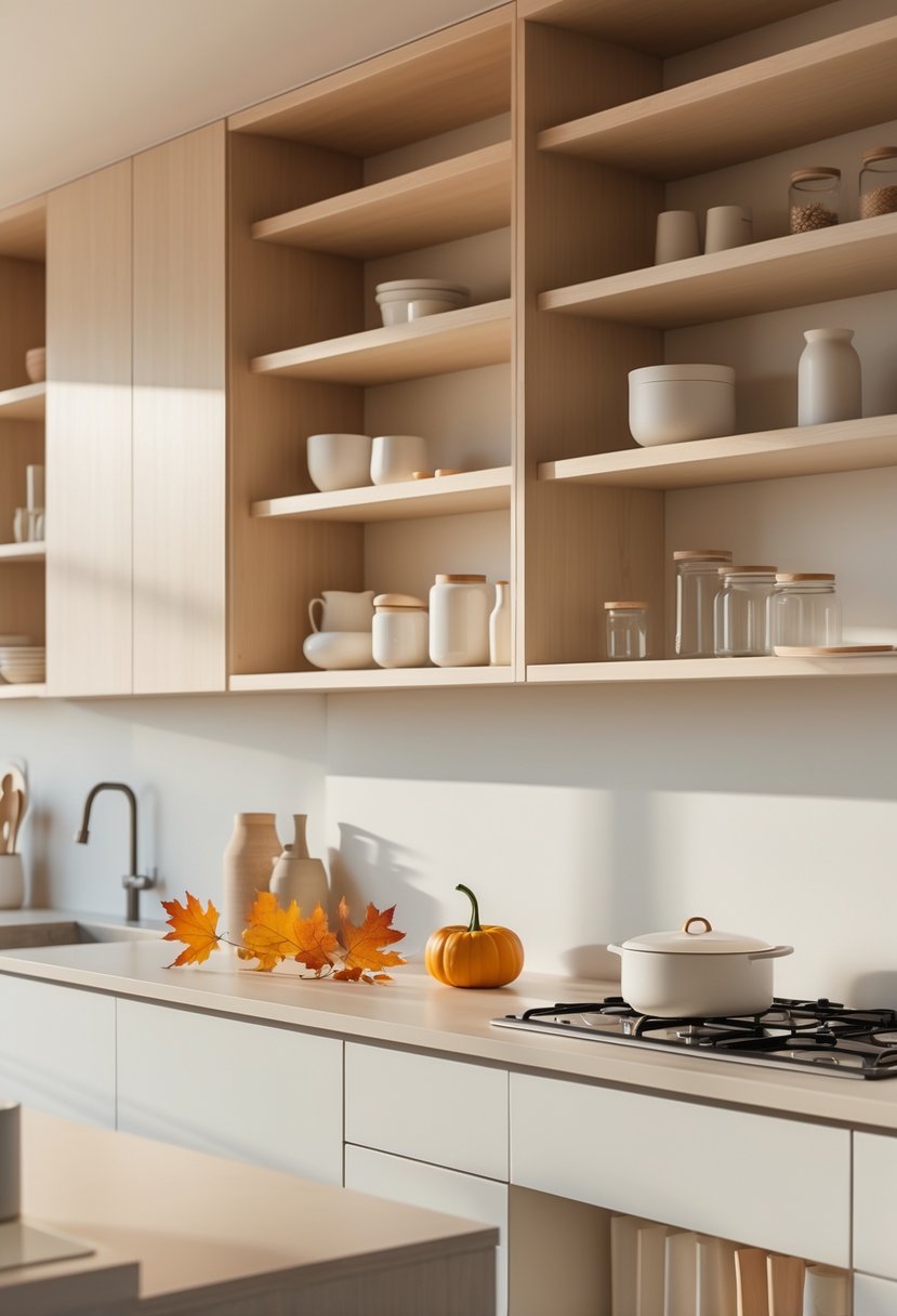 A modern kitchen with open shelves holding simple dishes and jars, a clean countertop with autumn decorations, and light wood and white cabinets.