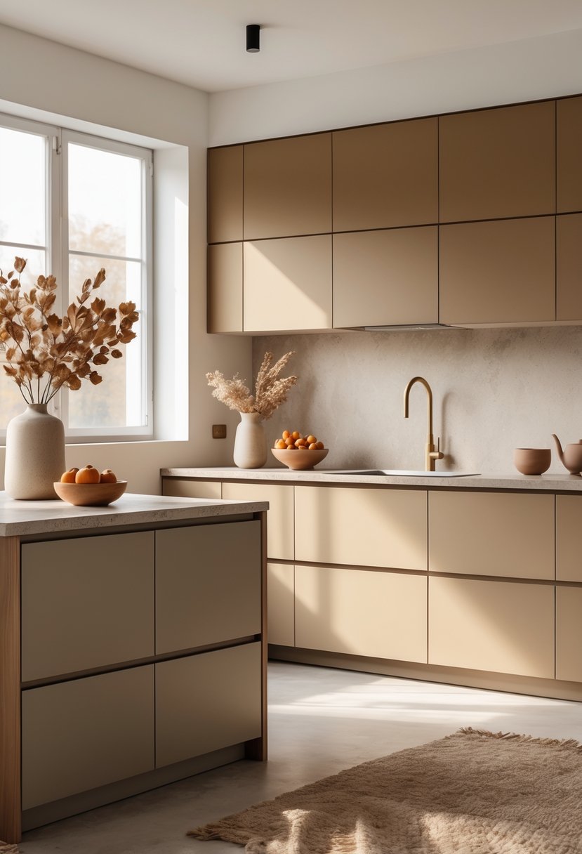 A modern kitchen with warm-toned cabinets, quartz countertops, natural wood accents, and soft natural light illuminating the space.