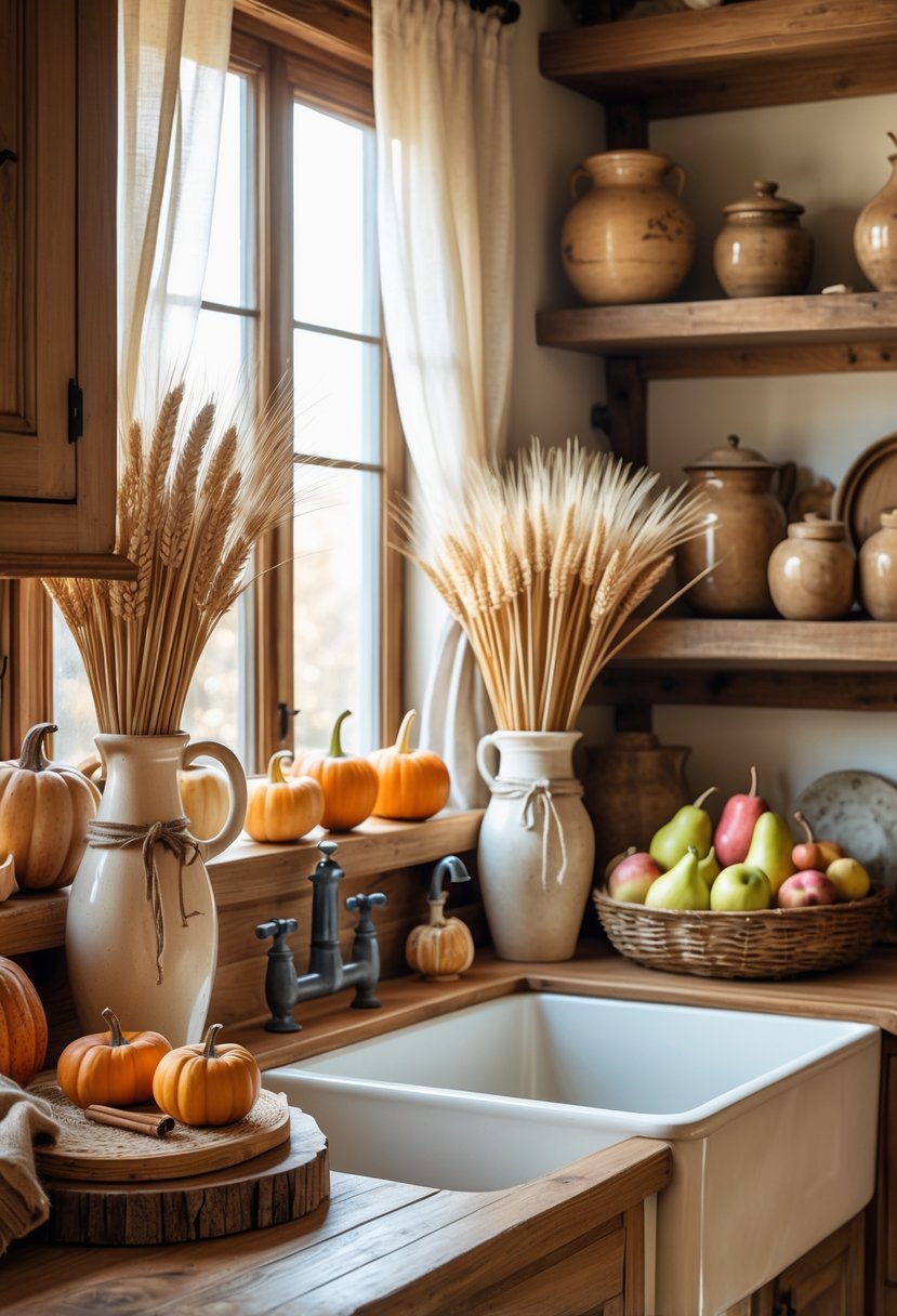 A cozy kitchen countertop decorated with pumpkins, dried wheat, cinnamon sticks, and a bowl of apples and pears, with wooden cabinets and shelves in the background.