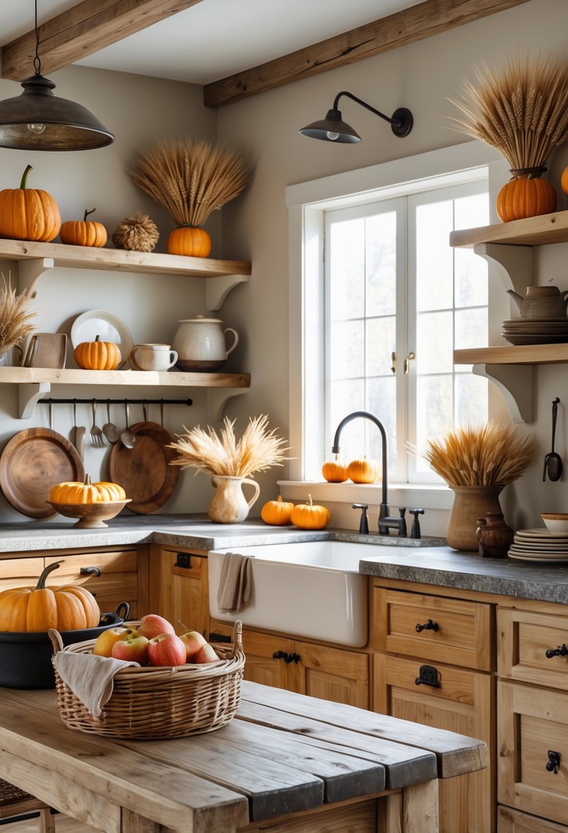 A kitchen with wooden cabinets and shelves decorated with pumpkins, dried wheat, and ceramic dishes, featuring a wooden table set with a basket of apples and kitchenware under natural light.