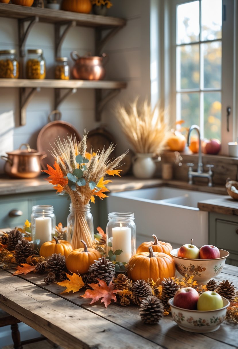 A wooden kitchen table with autumn decorations including pumpkins, pine cones, dried wheat, candles, and seasonal fruits, with rustic kitchen shelves in the background.