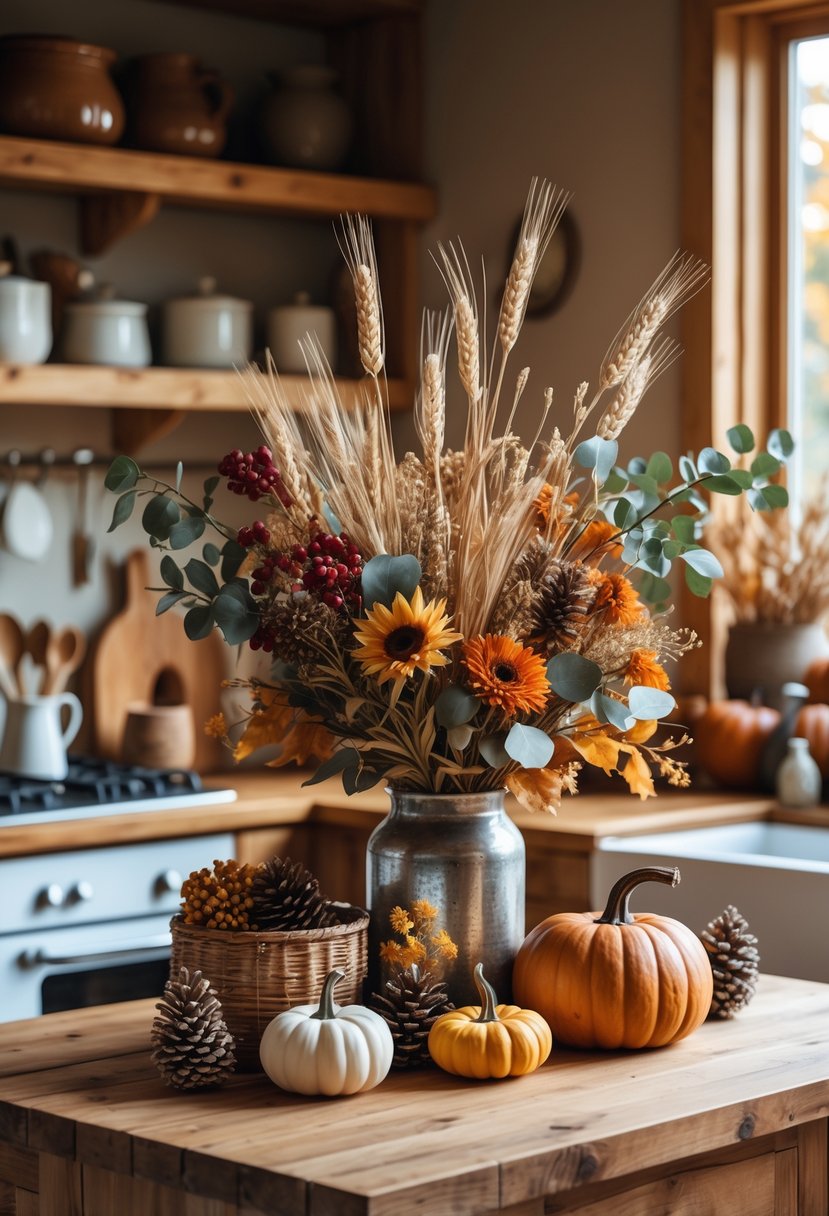 A rustic kitchen with seasonal floral and botanical arrangements featuring dried flowers, pumpkins, pinecones, and autumn leaves on a wooden countertop.