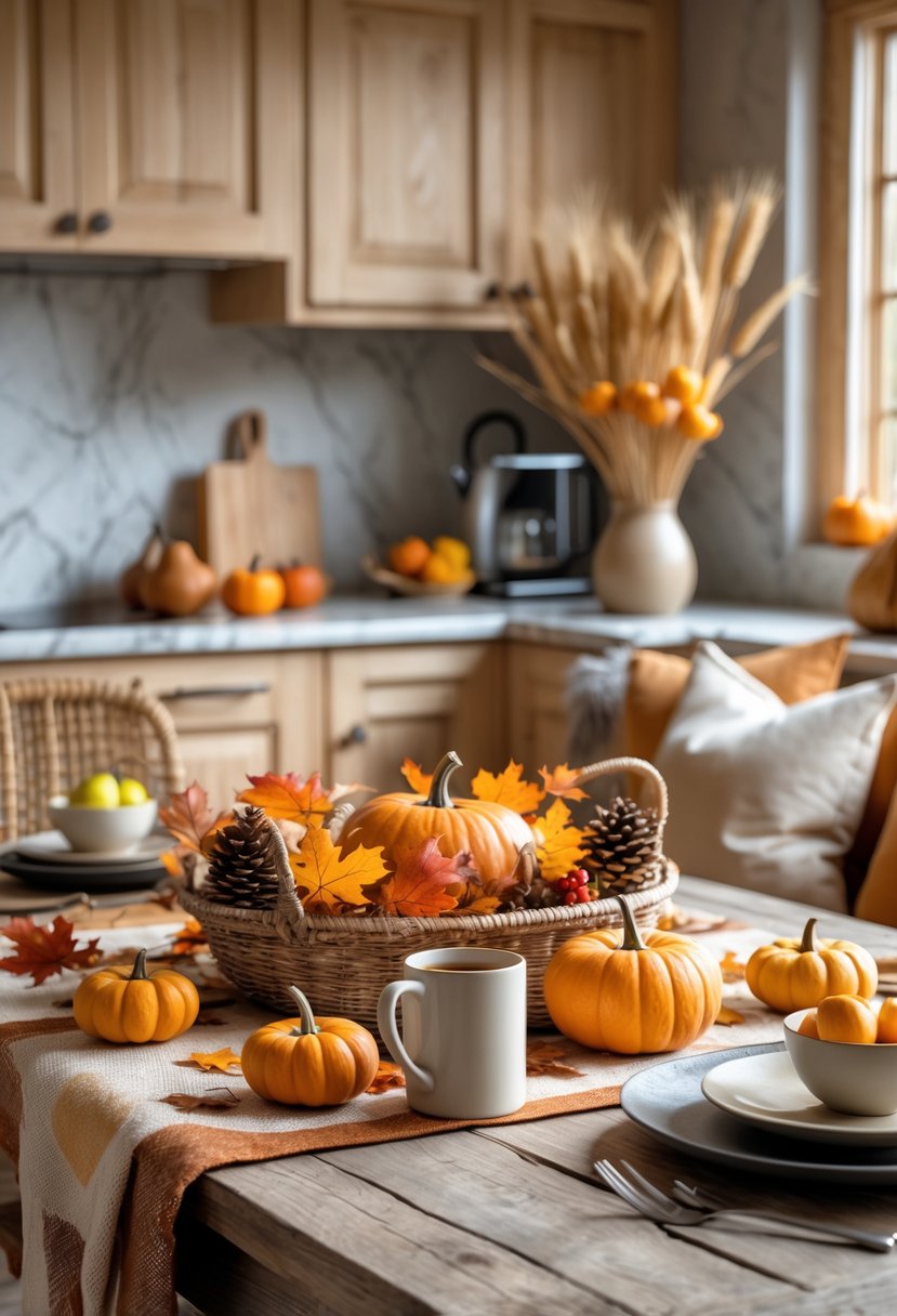 A cozy kitchen decorated with pumpkins, fall leaves, pinecones, and seasonal fruits on a wooden table, with warm natural light and autumn-themed accents.