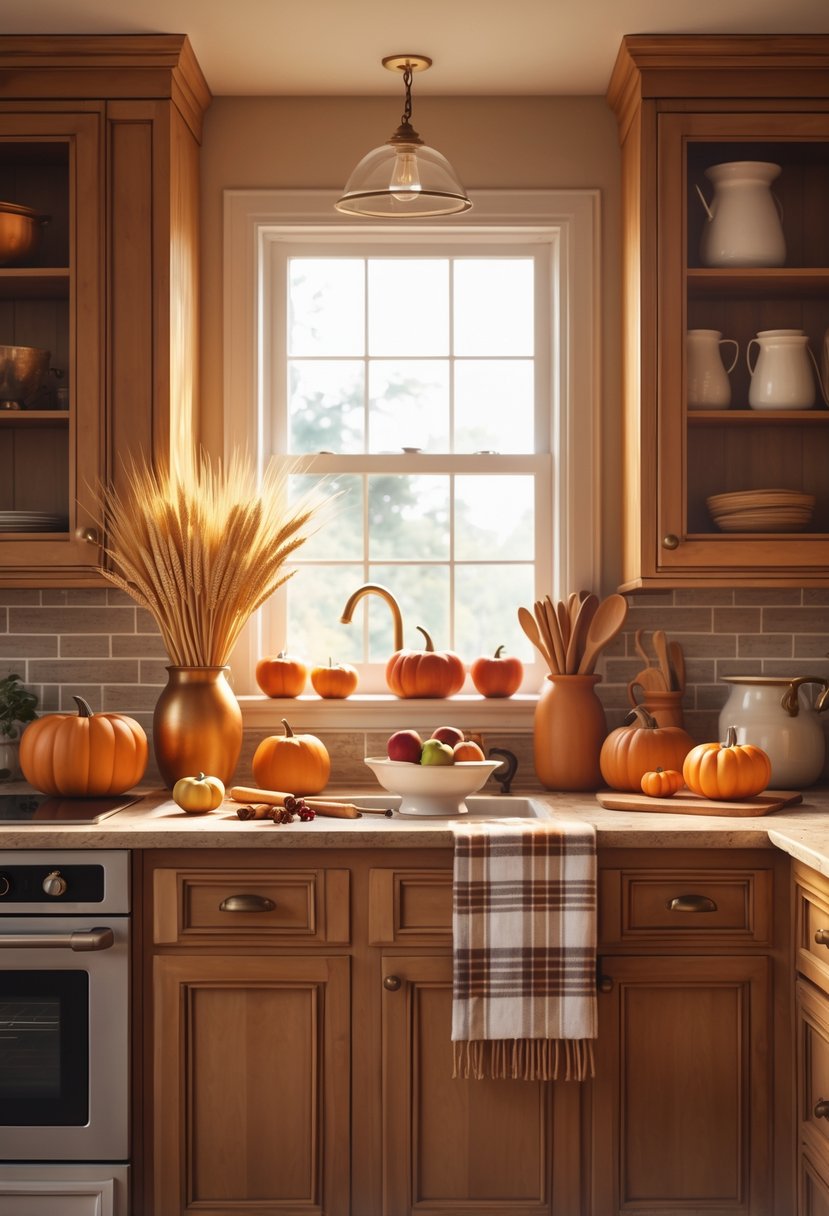 A cozy kitchen decorated with warm fall colors, featuring wooden cabinets, autumnal decor, and soft natural light.