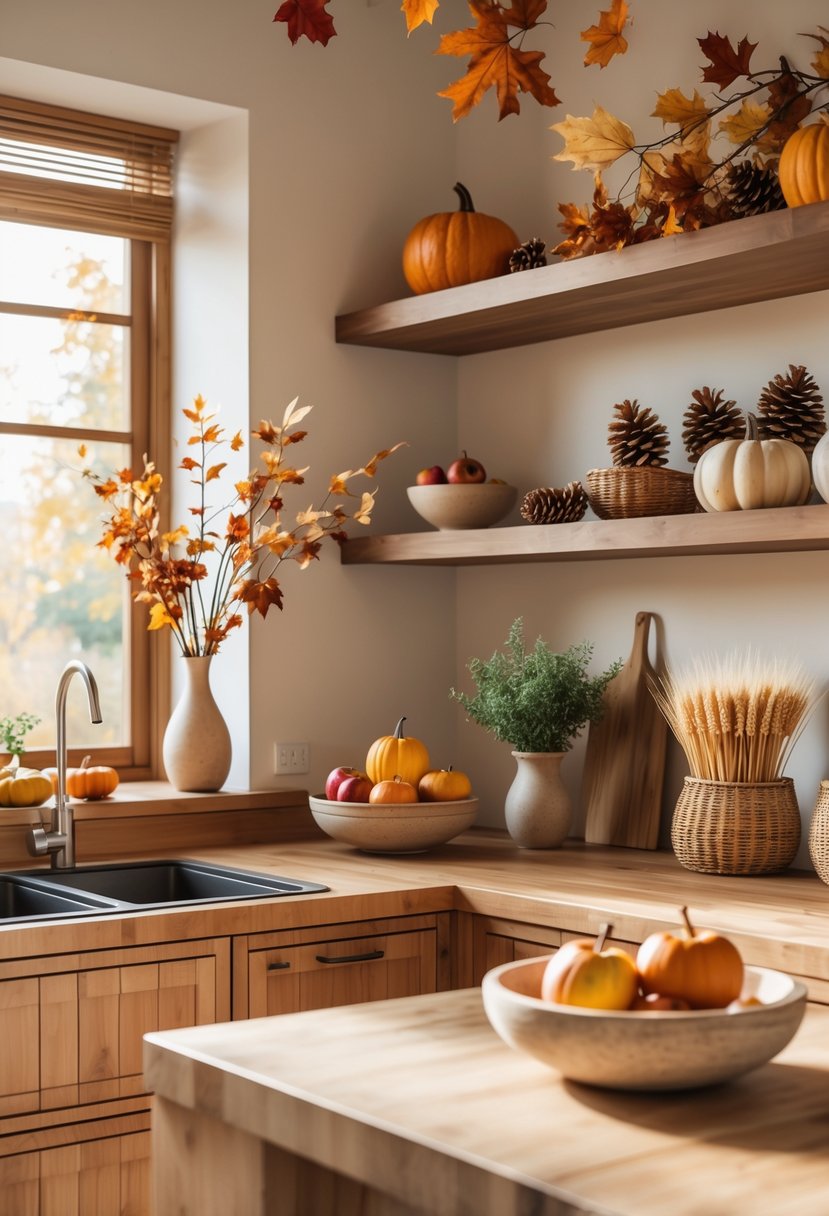 A modern kitchen decorated with pumpkins, dried leaves, pinecones, and autumn foliage, featuring warm wooden surfaces and natural light.
