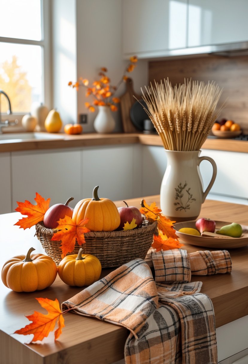 A modern kitchen decorated with pumpkins, autumn leaves, seasonal fruits, and a plaid towel creating a warm, cozy fall atmosphere.