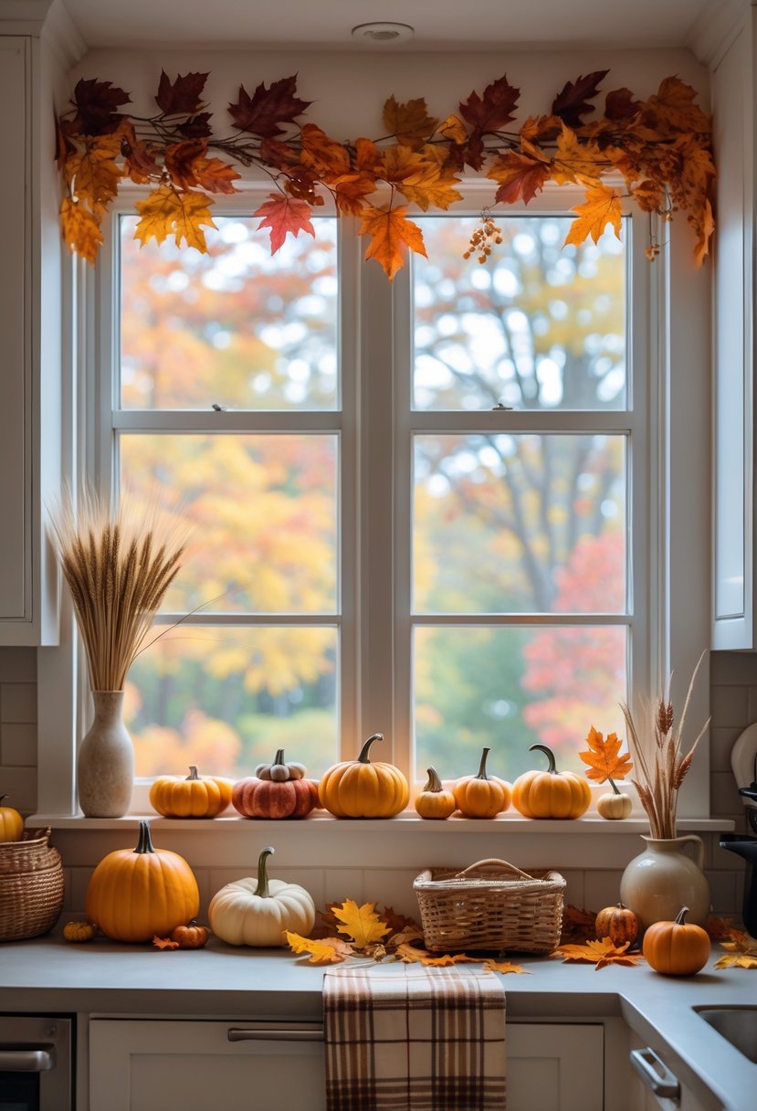 A kitchen window decorated with pumpkins, autumn leaves, and fall-themed items with colorful trees visible outside.