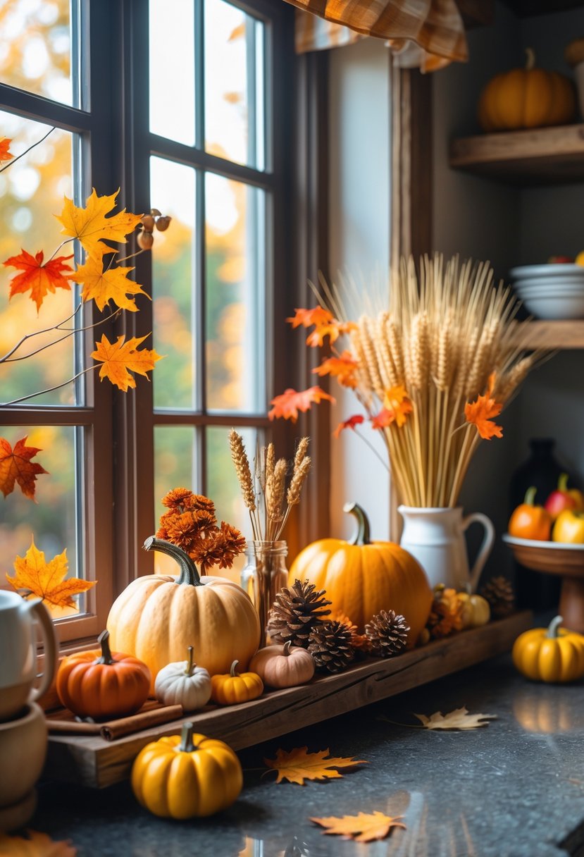 A kitchen window decorated with small pumpkins, gourds, pinecones, dried flowers, and autumn leaves with warm sunlight coming through.