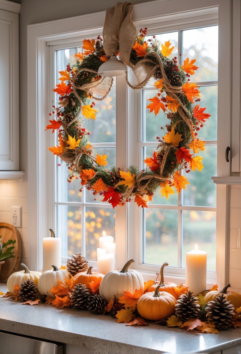 A kitchen window decorated for fall with a centerpiece of pumpkins, candles, and leaves on the table and a colorful fall wreath hanging on the window frame.