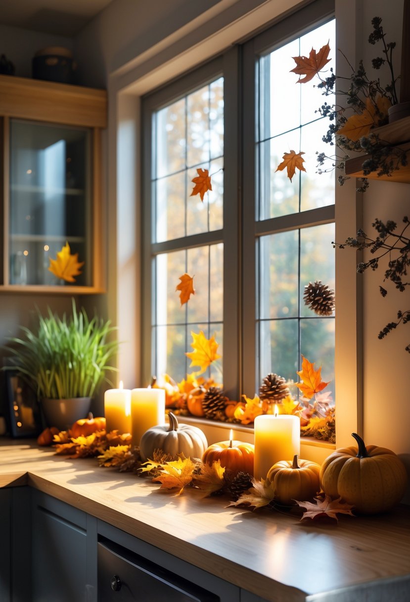 A kitchen window decorated with pumpkins, autumn leaves, candles, and natural light creating a warm fall atmosphere.