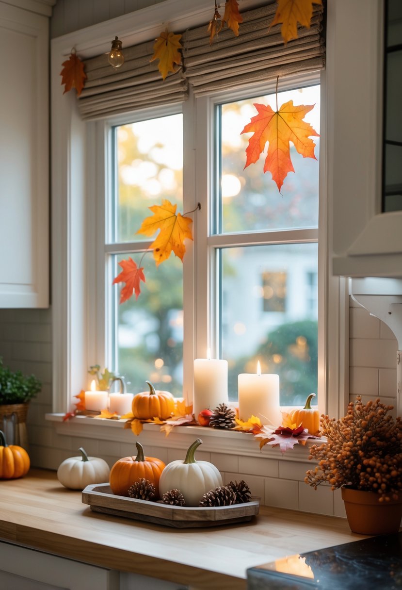 A small kitchen window decorated with pumpkins, fall leaves, candles, pinecones, and a potted plant with orange and red leaves.