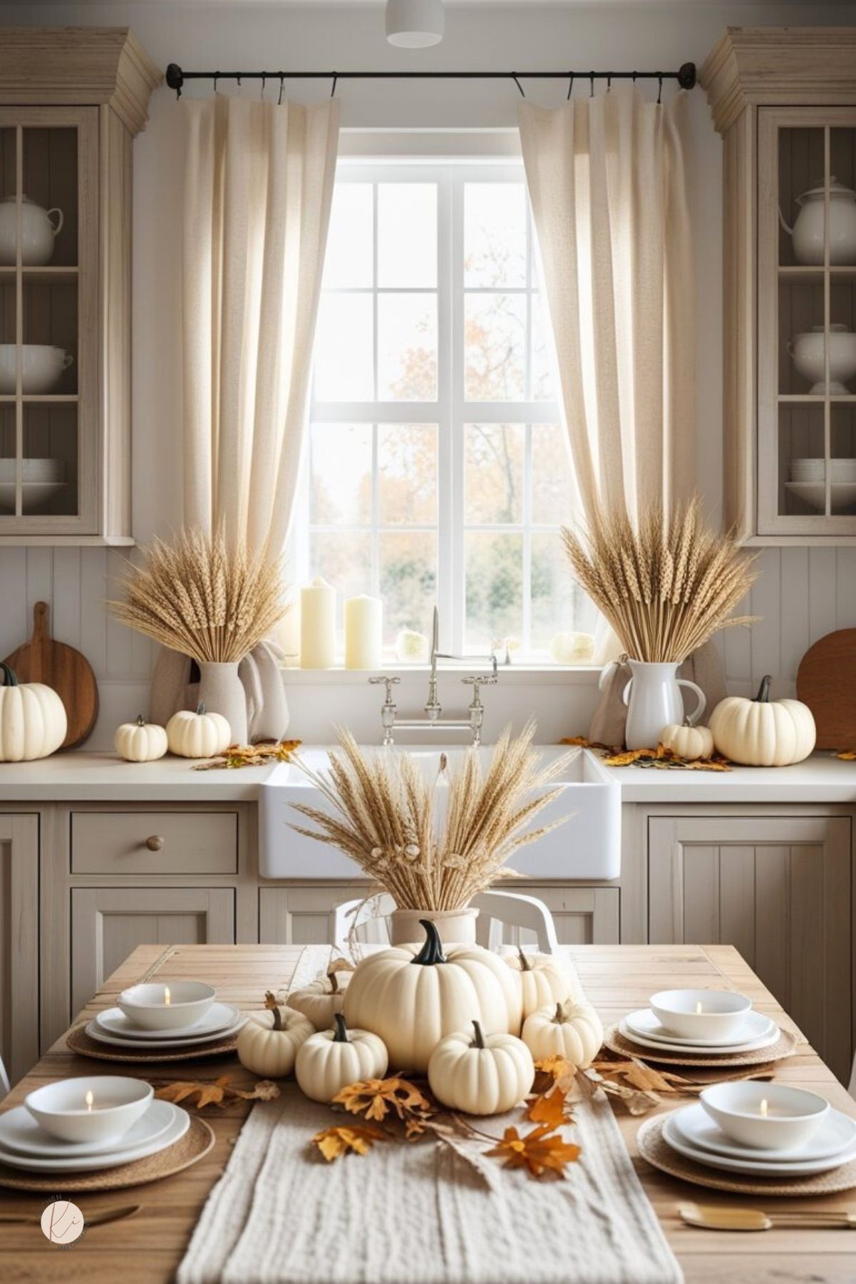 Neutral Thanksgiving kitchen and tablescape with white pumpkins, a wheat-bundle centerpiece, beige linen runner, stacked white plates and candles on a rustic wood table. Farmhouse sink under a window, cream cabinets with glass fronts, beige curtains, and wood cutting boards. Small Kitchen Informant logo.