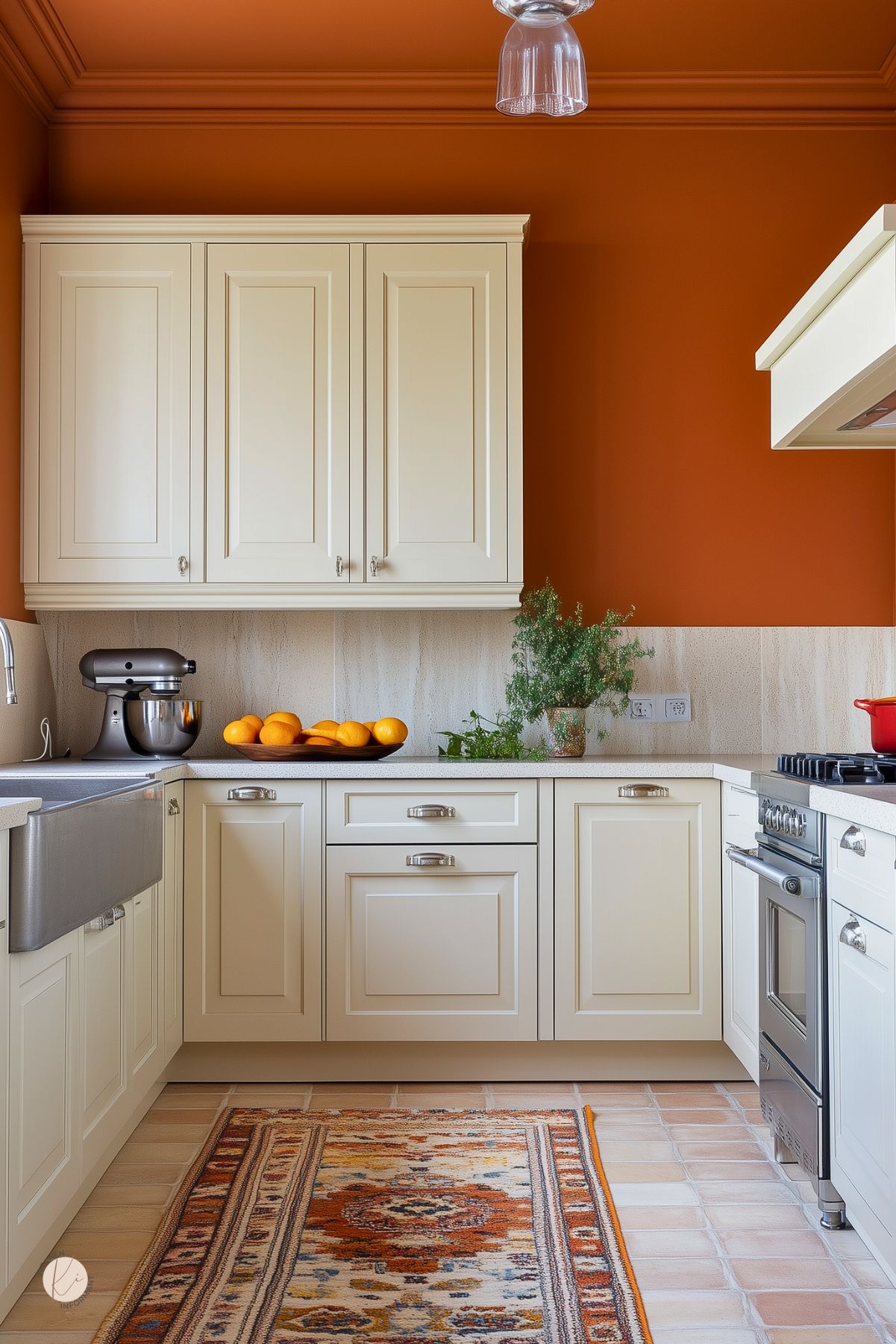 Cozy kitchen with terracotta walls and ceiling, cream shaker cabinets, and light stone backsplash. Stainless farmhouse sink, quartz countertops, and a pro-style range. Bowl of oranges and potted greenery on the counter; patterned runner on tile floor. Warm, inviting traditional kitchen design. Text: “Kitchen Informant.”