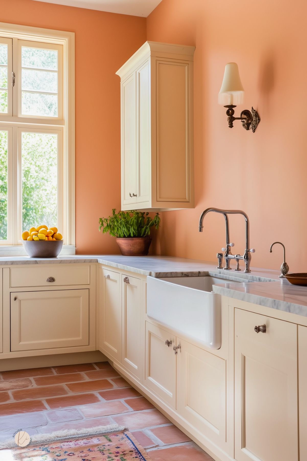 Cozy kitchen with peachy coral walls, cream shaker cabinets, and marble countertops. White farmhouse sink with polished chrome bridge faucet, vintage wall sconce, and terracotta tile floor. Bowl of lemons and a potted basil by a sunny window. Text: “Kitchen Informant.”