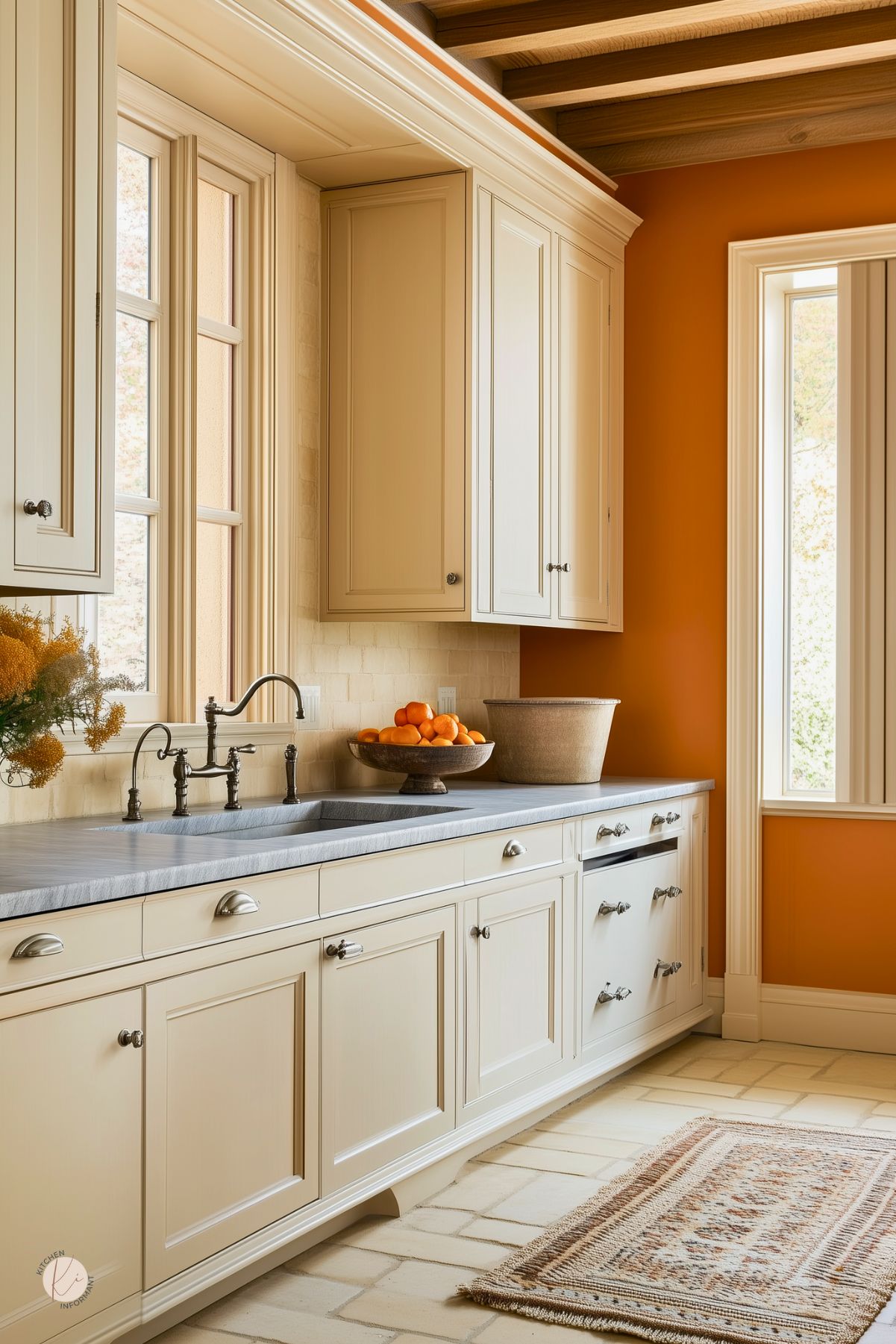 Warm cozy kitchen with pumpkin-orange walls, cream shaker cabinets, gray stone countertop, and a farmhouse bridge faucet under tall windows. Light brick backsplash, wood ceiling beams, woven runner, and a pedestal bowl of oranges add rustic charm. Traditional kitchen design. Text: “Kitchen Informant.”