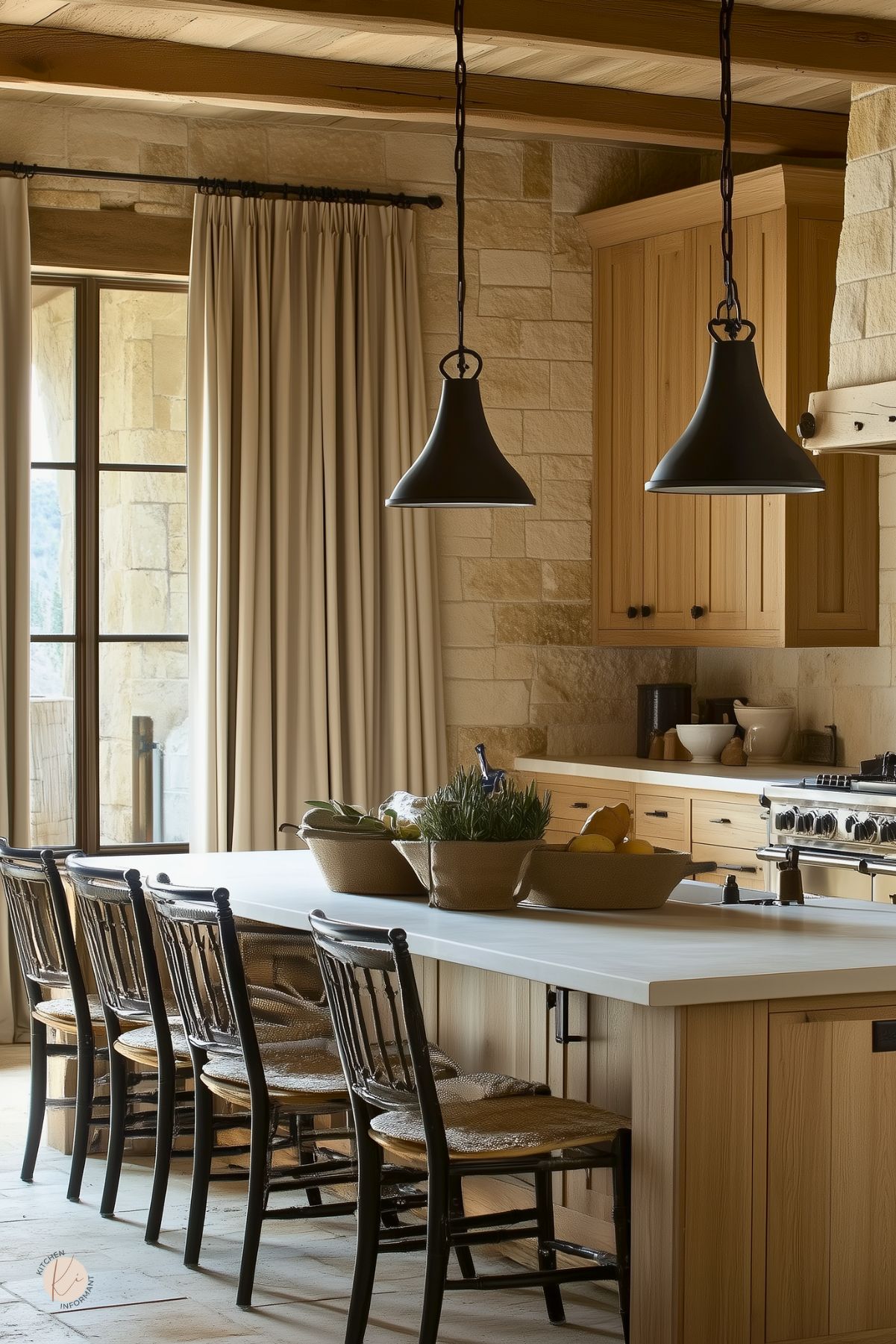 Rustic cozy kitchen with stone walls, exposed wood beams, natural wood cabinets, and a long white island. Black pendant lights hang over spindle bar chairs with woven seats. Baskets of herbs and lemons style the island; stainless range and beige curtains complete the Mediterranean look. Text: “Kitchen Informant.”