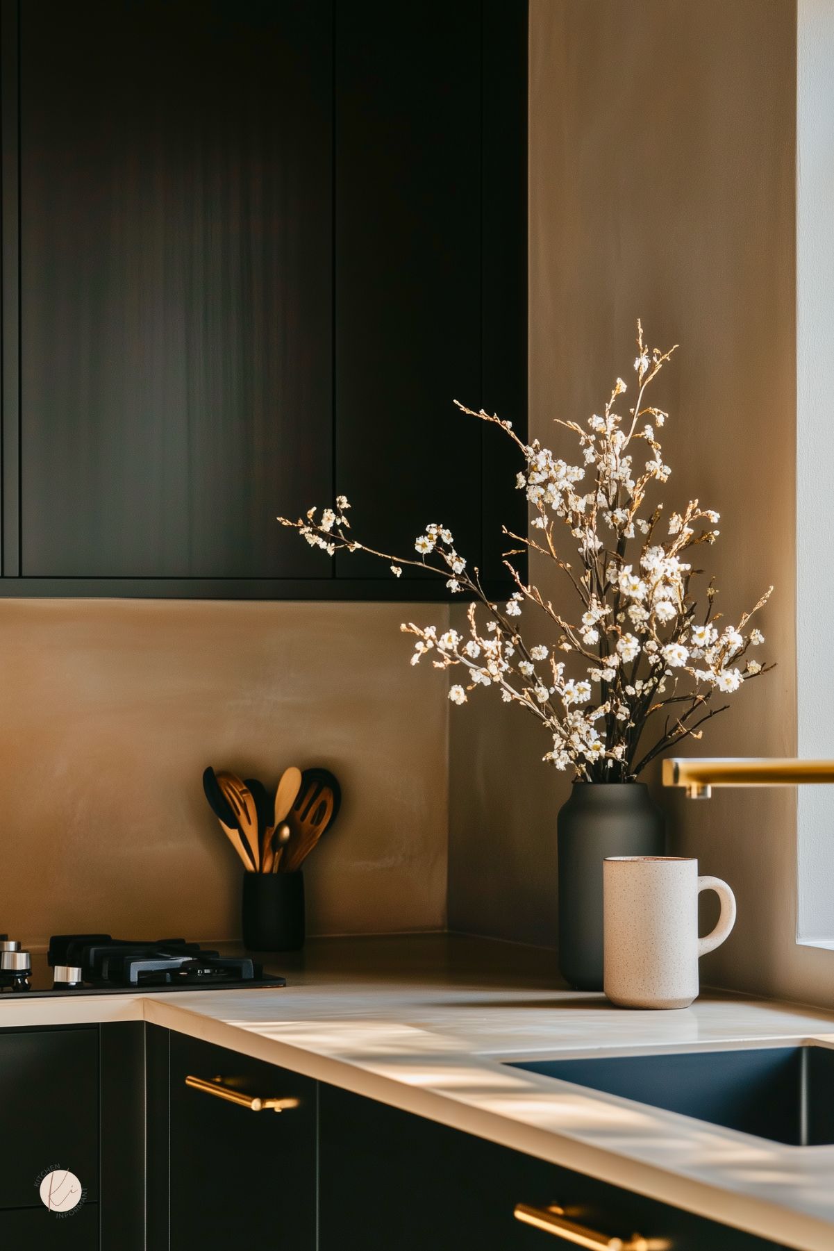 Moody modern kitchen with matte black cabinets, brass hardware and faucet, and a light quartz countertop. Warm taupe plaster walls, gas cooktop, and a black vase of white blossoms beside a stoneware mug. Soft window light creates cozy ambiance. Text: “Kitchen Informant.”