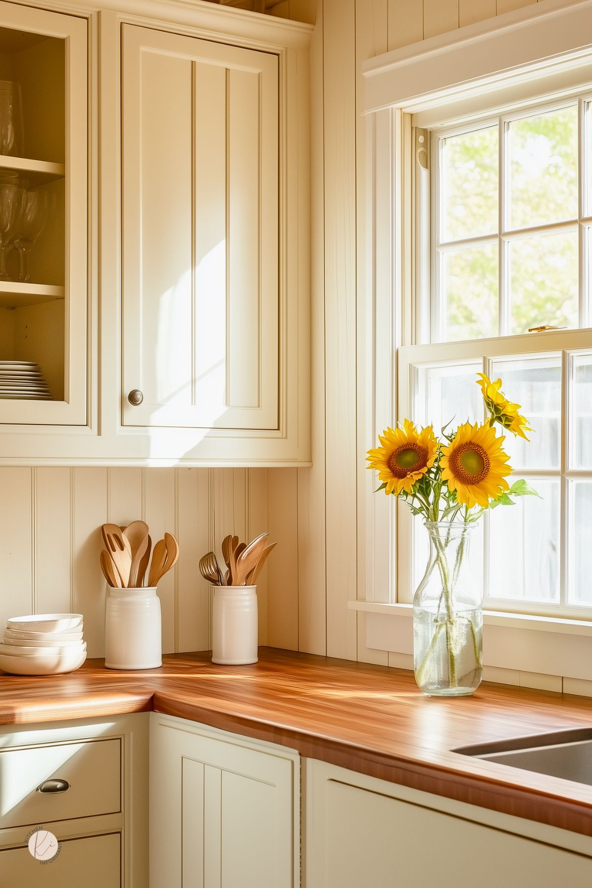 Sunny cozy kitchen corner with cream beadboard cabinets, shaker doors, and warm wood countertops. Glass vase of sunflowers by the window; white crocks hold wooden utensils and stacked bowls. Light, farmhouse kitchen decor. Text: “Kitchen Informant.”