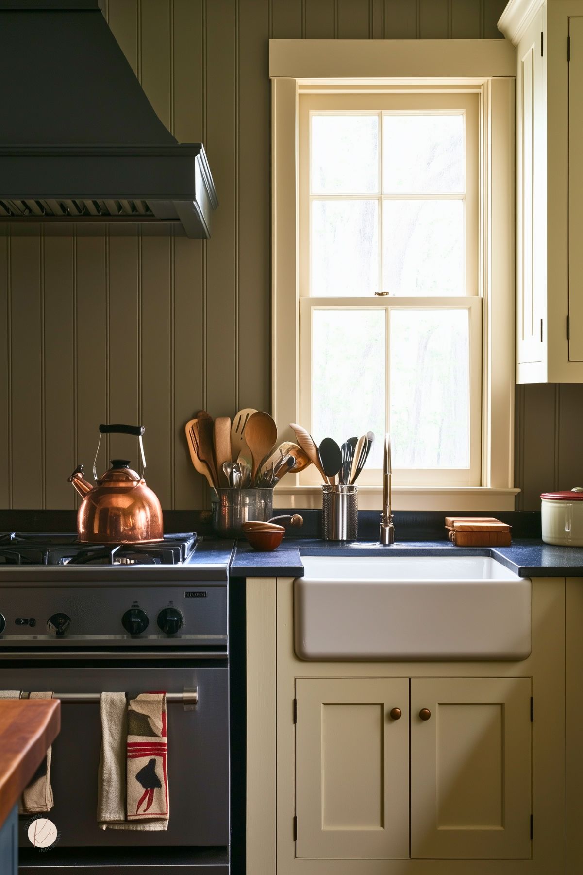 Cozy farmhouse kitchen with dark olive beadboard walls, cream shaker cabinets, and black countertops. White apron-front sink under a window, stainless range with a copper kettle, and crocks of wooden utensils. Warm, traditional kitchen decor. Text: “Kitchen Informant.”