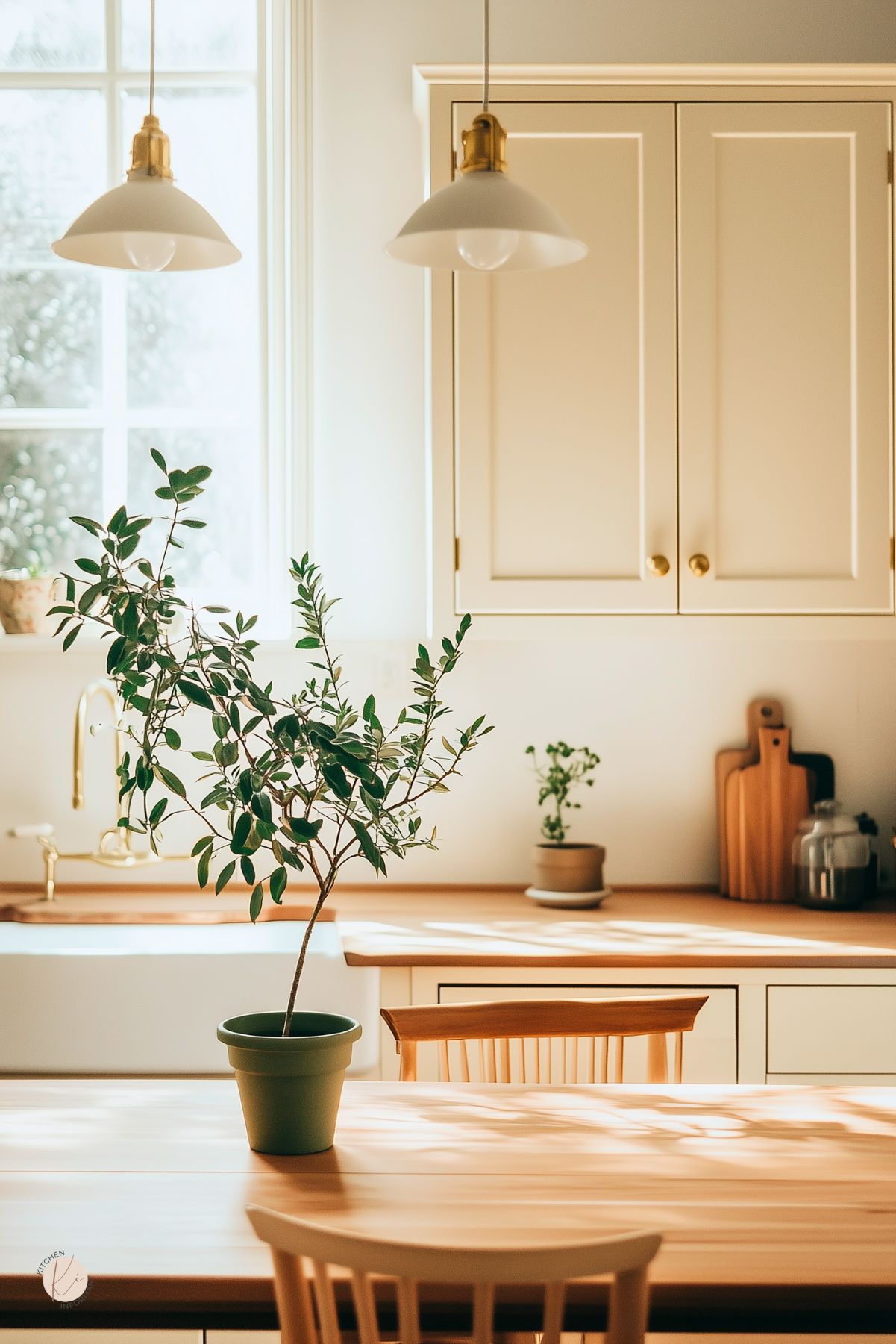 Sunny cozy kitchen with cream shaker cabinets, wood countertops, farmhouse sink, and brass faucet. Two white pendant lights hang above a table with a potted olive tree; smaller plant, cutting boards, and canister on the counter. Soft natural light and warm neutral decor. Text: “Kitchen Informant.”