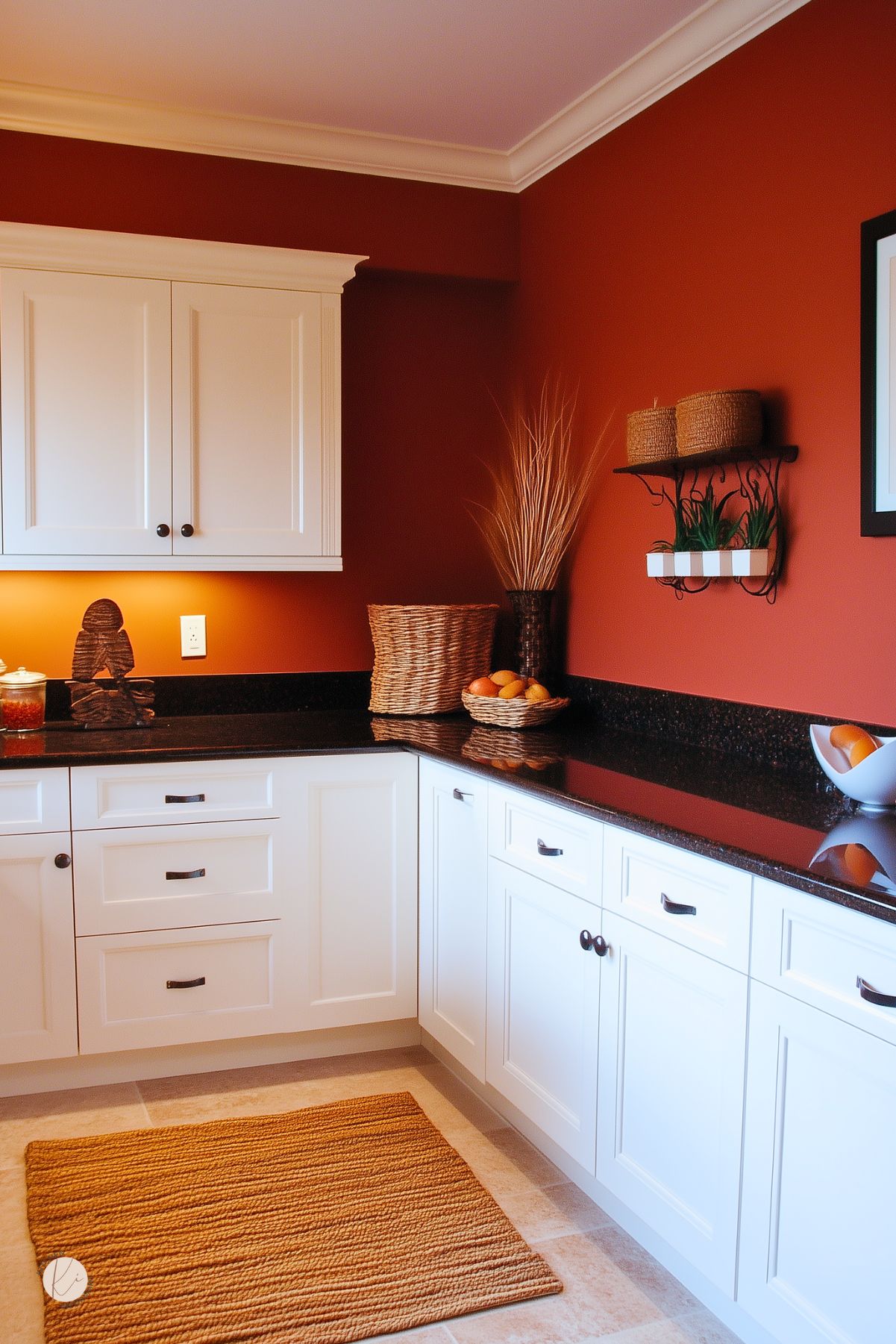 Cozy kitchen with terracotta red walls, crisp white shaker cabinets, black granite countertops, and white crown molding. Woven baskets, wall shelf with small plants, bowl of oranges, and a tan textured rug add warmth. Traditional fall kitchen decor. Text: “Kitchen Informant.”