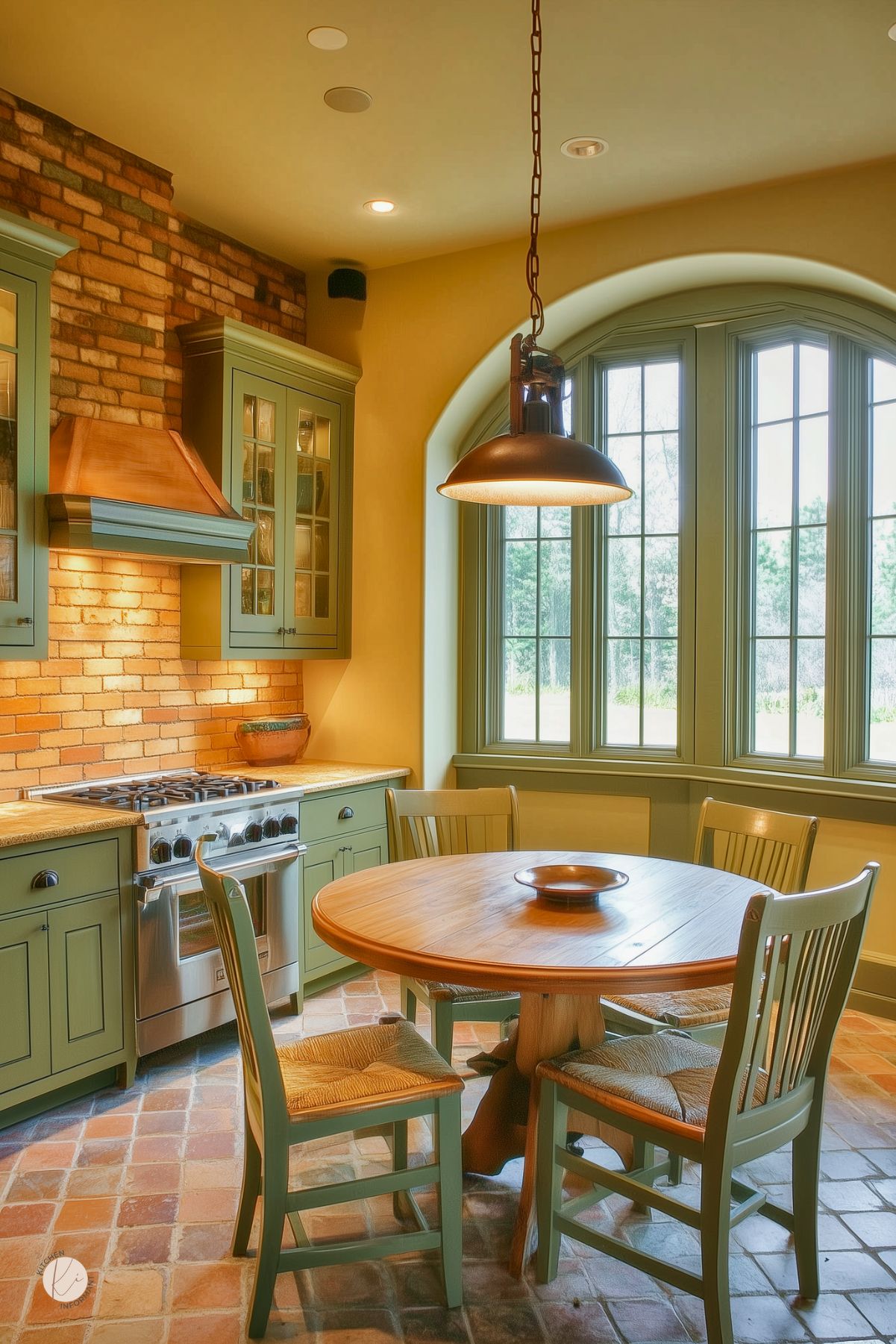 Cozy kitchen with sage green cabinets, copper range hood, and warm brick backsplash. Arched window with green trim lights a breakfast nook with a round wood table and four chairs. Terracotta tile floor, stainless range, and industrial pendant complete the rustic cottage look. Text: “Kitchen Informant.”