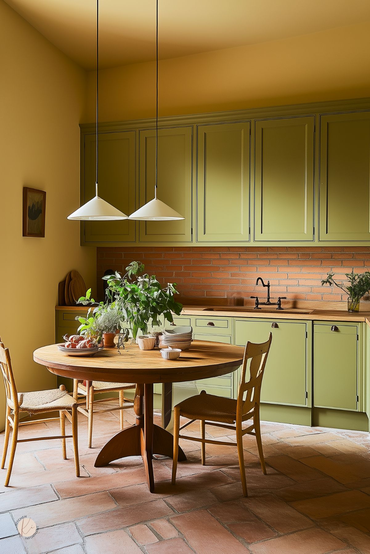 Cozy kitchen with soft yellow walls and ceiling, sage green shaker cabinets, and a warm brick backsplash. Wood countertops match a round pedestal dining table set with plants and dishes. Two white cone pendants hang above; terracotta tile floor completes the rustic kitchen design. Text: “Kitchen Informant.”