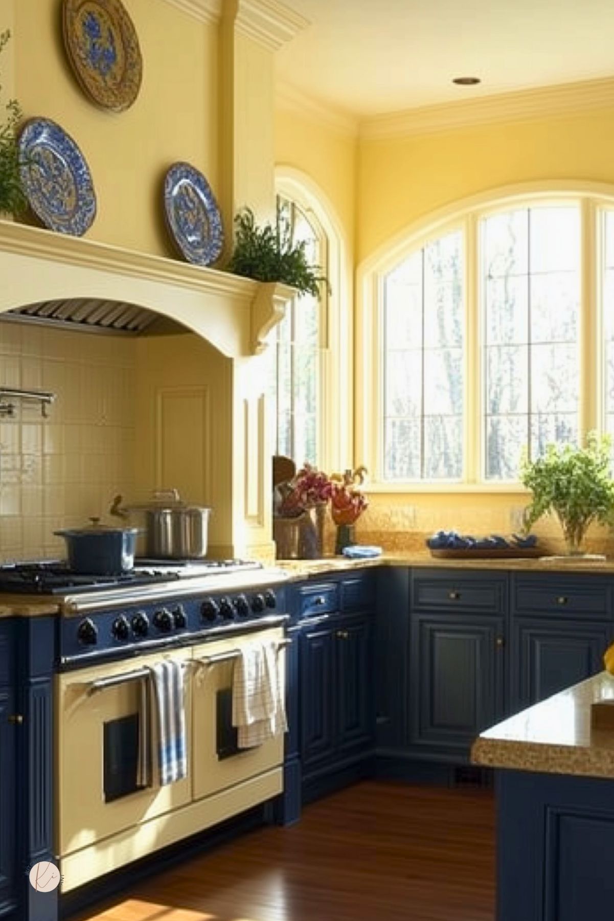 Sunny cozy kitchen with buttery yellow walls and arched windows, navy blue cabinets, and a cream double oven range. Yellow granite countertops, wood floors, and blue-and-white decorative plates above the range; potted greenery on counters. Traditional kitchen design. Text: “Kitchen Informant.”