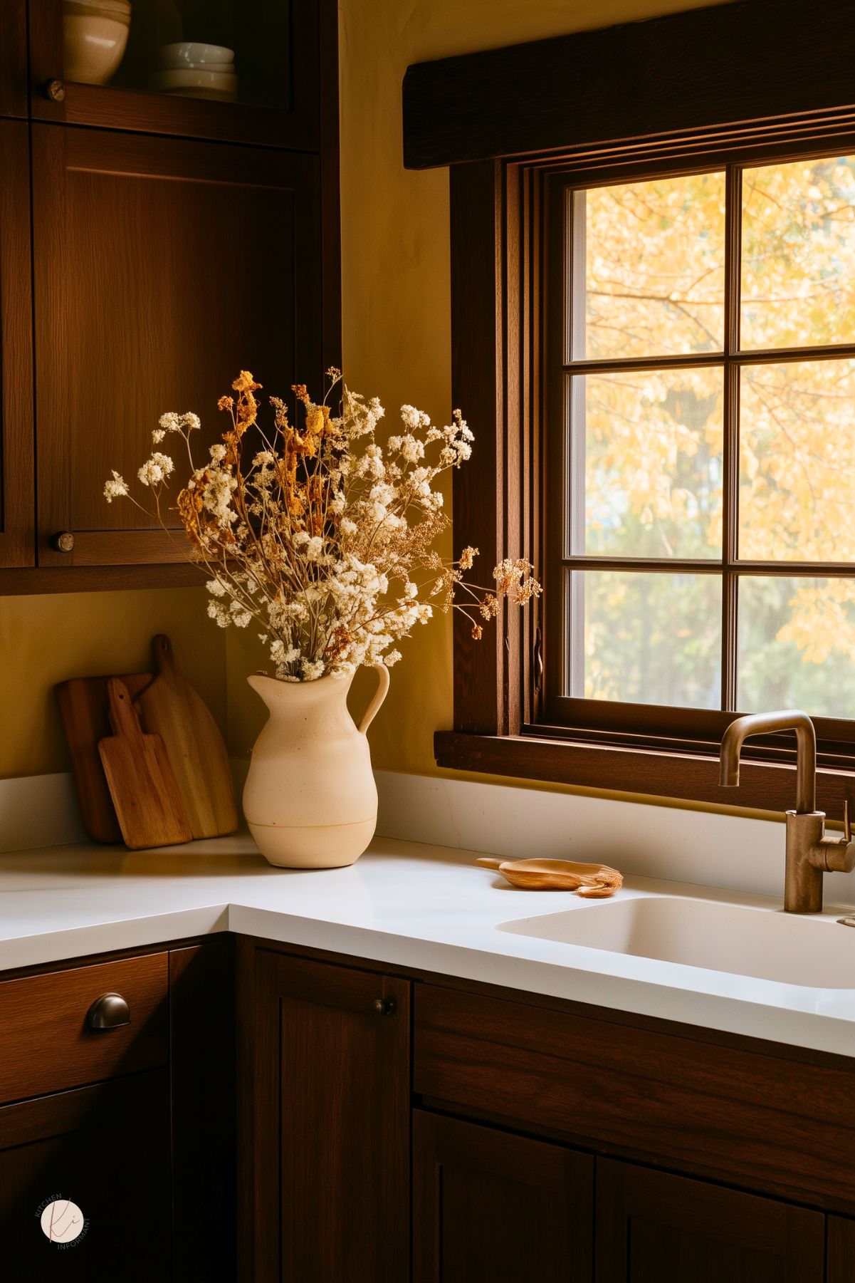 Warm cozy kitchen with golden yellow walls, dark wood cabinets, and a white quartz countertop. Bronze faucet beneath a wood-trimmed window showing autumn foliage. A cream ceramic pitcher of dried flowers and wooden cutting boards style the corner—rustic, fall kitchen decor. Text: “Kitchen Informant.”