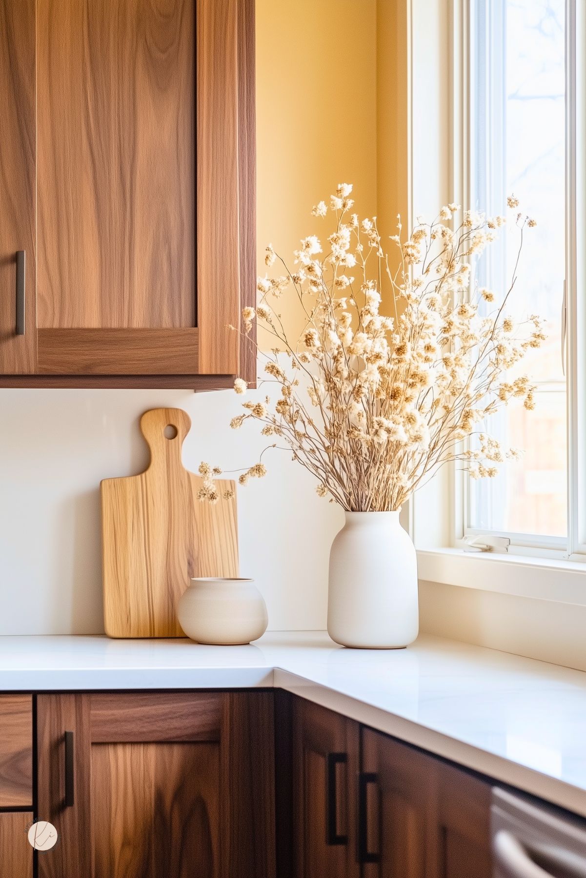 Cozy kitchen corner with rich walnut cabinets, white quartz countertop, and soft yellow wall by a sunny window. White ceramic vase of dried flowers and a small jar sit beside two wooden cutting boards. Minimalist hardware and warm natural light create inviting decor. Text: “Kitchen Informant.”
