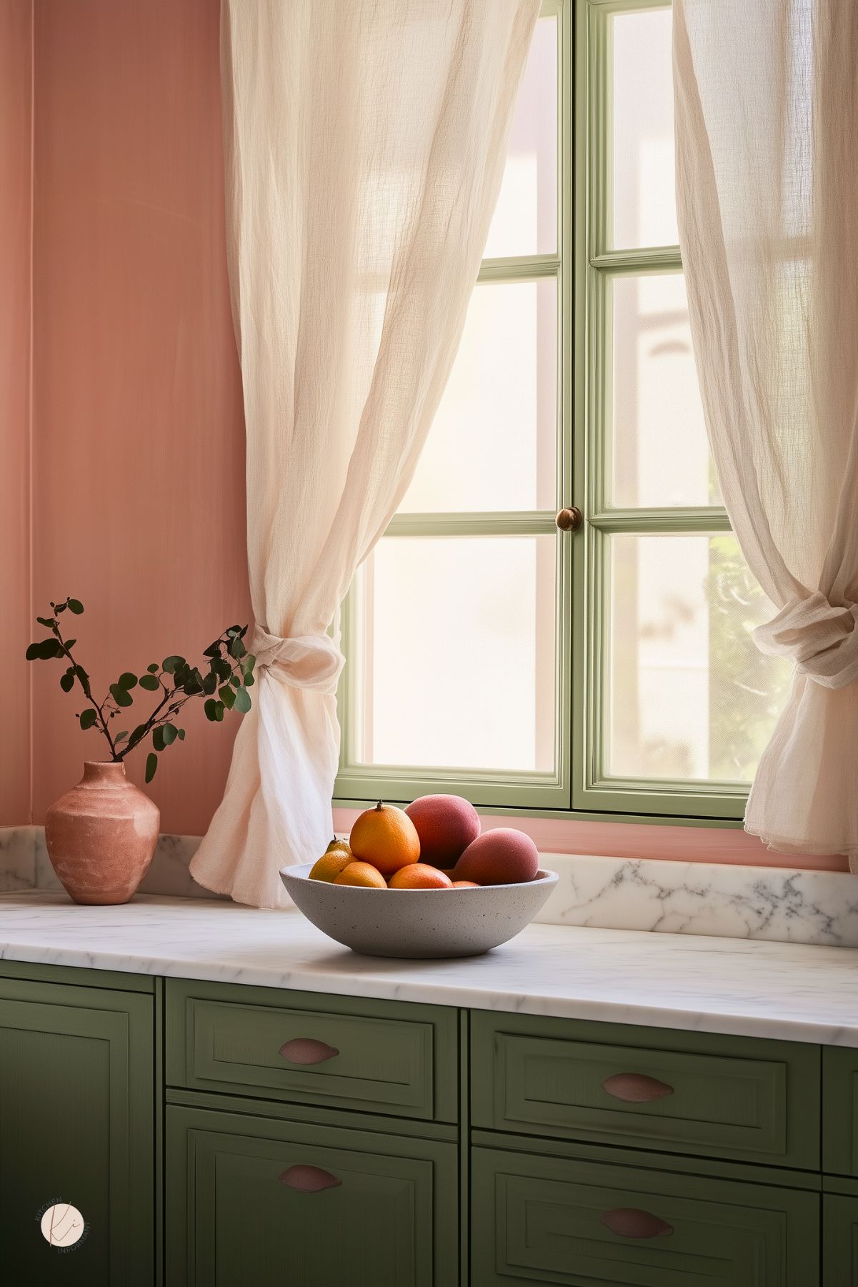 Cottage kitchen vignette with blush pink walls, sage green window trim and cabinets, and a white marble countertop. Sheer curtains are tied back beside a terracotta vase with greenery. A stone bowl holds oranges and grapefruit. Soft, sunlit, cozy kitchen decor. Text: “Kitchen Informant.”