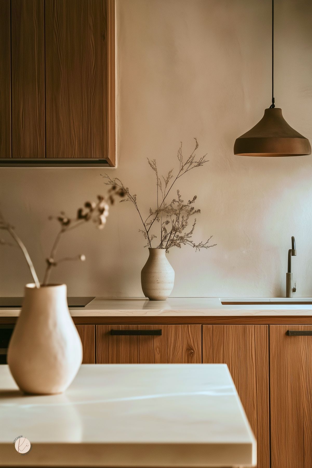 Warm cozy kitchen with plaster beige walls, natural wood cabinets, light stone countertops, and a matte bronze pendant. Minimalist decor with ceramic vases holding dried branches, slim faucet, and soft ambient light. Scandinavian-meets-modern kitchen design, neutral palette. Text: “Kitchen Informant.”