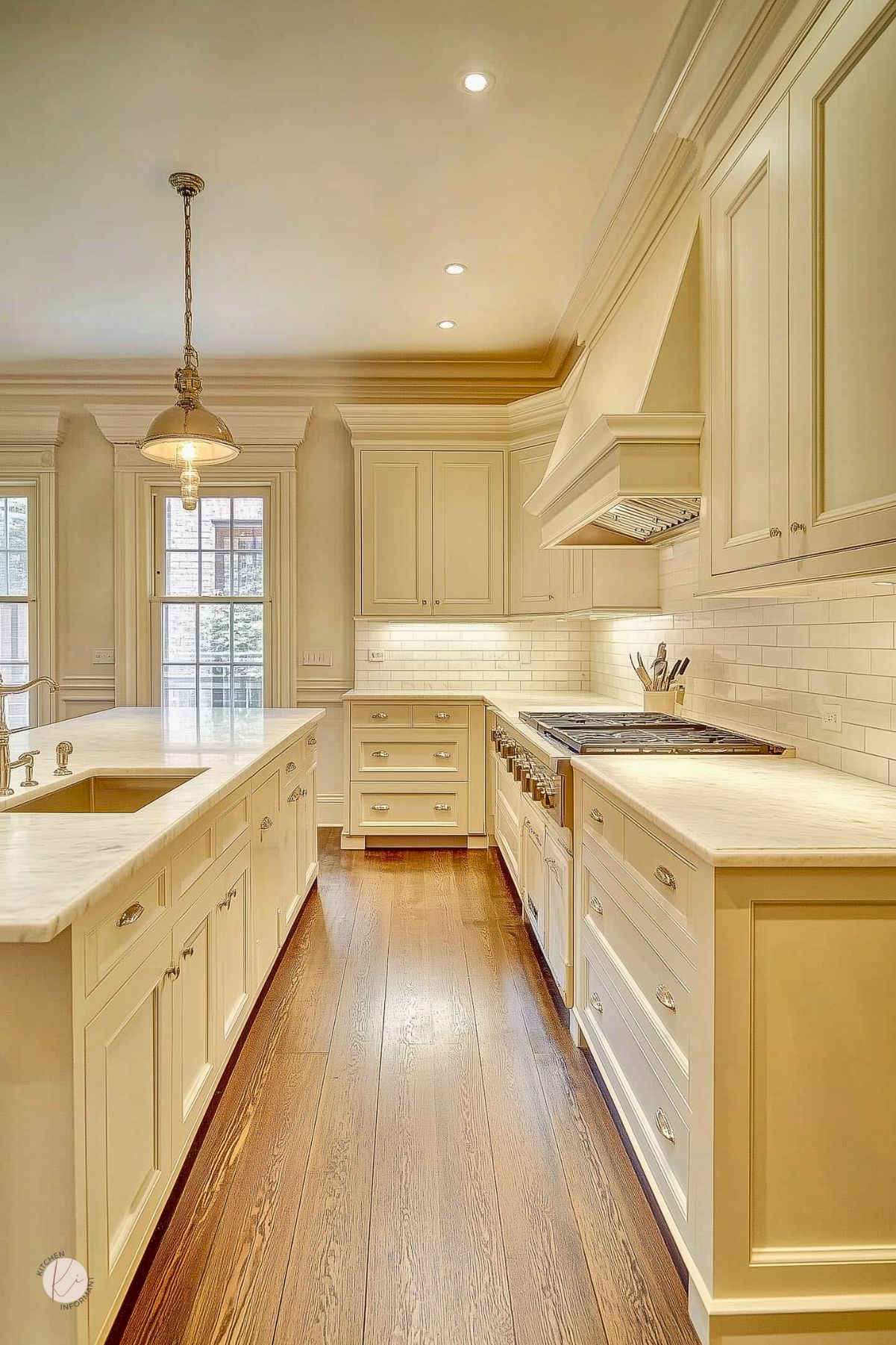 Cream kitchen with shaker cabinets, marble countertops, subway tile backsplash, wide-plank wood floors, and a galley layout. Island with sink and pendant light, professional range under a paneled hood, tall windows, and crown molding for traditional kitchen design. Text: “Kitchen Informant” logo.