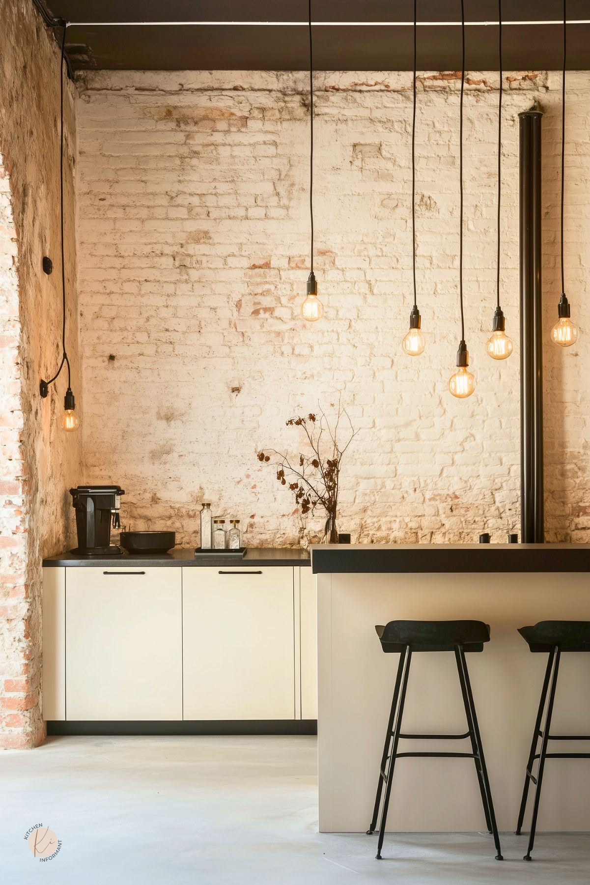 Industrial kitchen with cream kitchen cabinets and black countertops against a whitewashed brick wall. Exposed Edison bulb pendants hang from a black ceiling over a peninsula with two black bar stools. Concrete floor, coffee station, minimal decor. Text: “Kitchen Informant” logo.