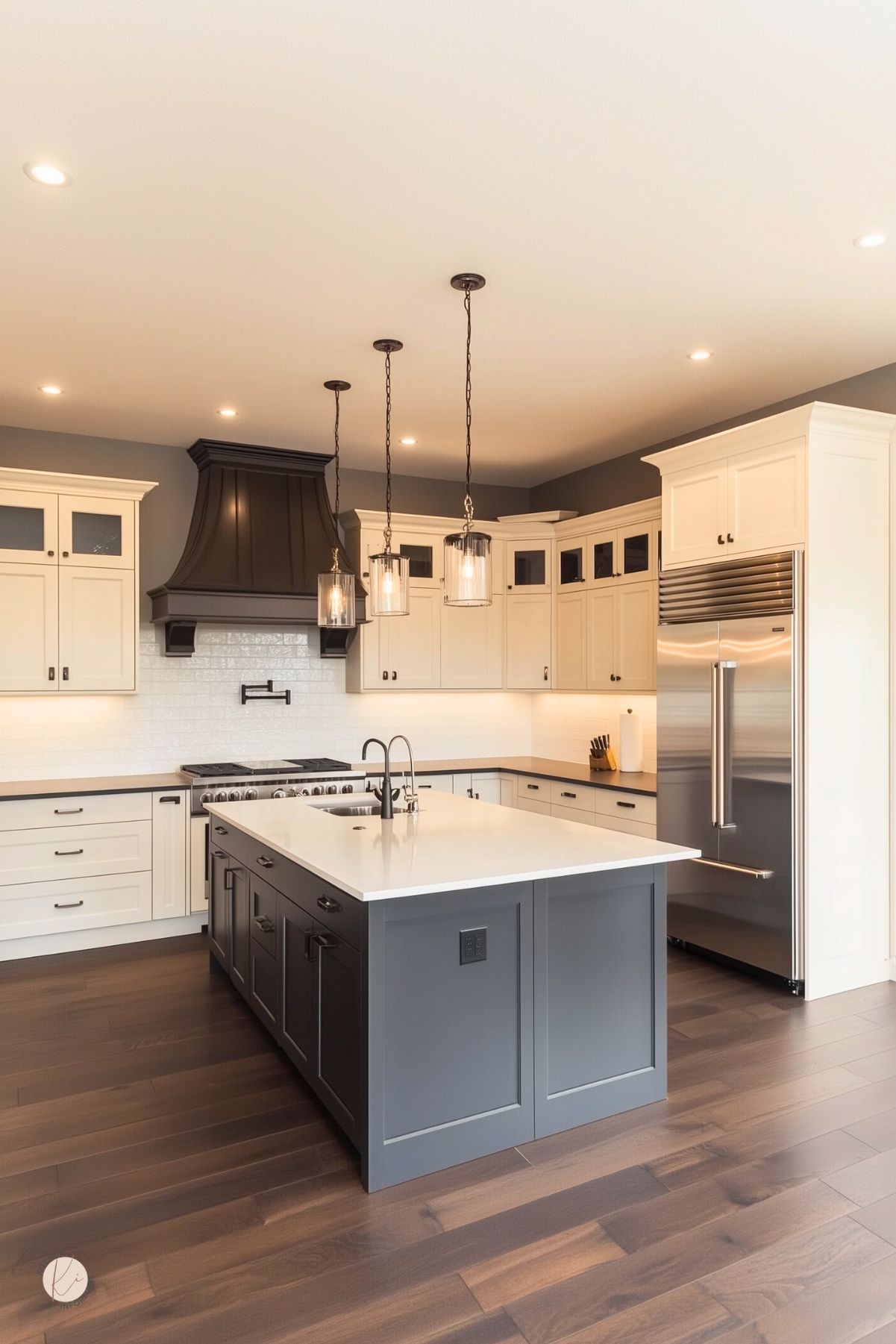 Cream kitchen cabinets in a two-tone transitional kitchen with a charcoal gray island and white quartz countertop. Black statement range hood, white subway tile backsplash with pot filler, and stainless professional fridge. Three glass pendants, dark wood floors, gray walls. Text: “Kitchen Informant” logo.
