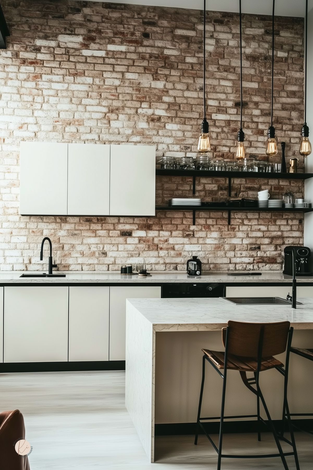 Industrial kitchen with cream flat-front cabinets, marble waterfall island with sink, and whitewashed exposed brick wall. Black fixtures, Edison bulb pendants, open shelves with glassware and plates, and wood/metal barstools on light floors. Modern loft kitchen design. Text: “Kitchen Informant” logo.