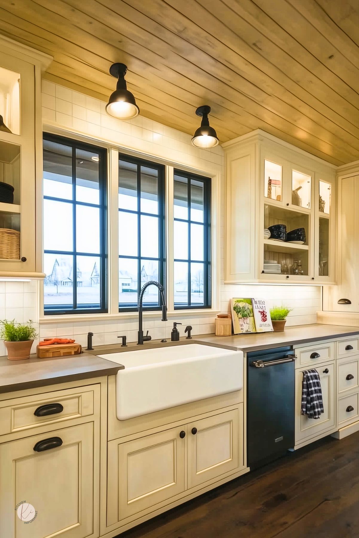 Cream kitchen cabinets with white subway tile, gray countertops, and a large farmhouse sink under black grid windows. Matte black pull-down faucet and hardware, glass-front uppers with display lighting, wood plank ceiling with black barn lights, and a panel-front dishwasher with towel. Potted herbs and cutting boards add farmhouse style. Text: “Kitchen Informant” logo.
