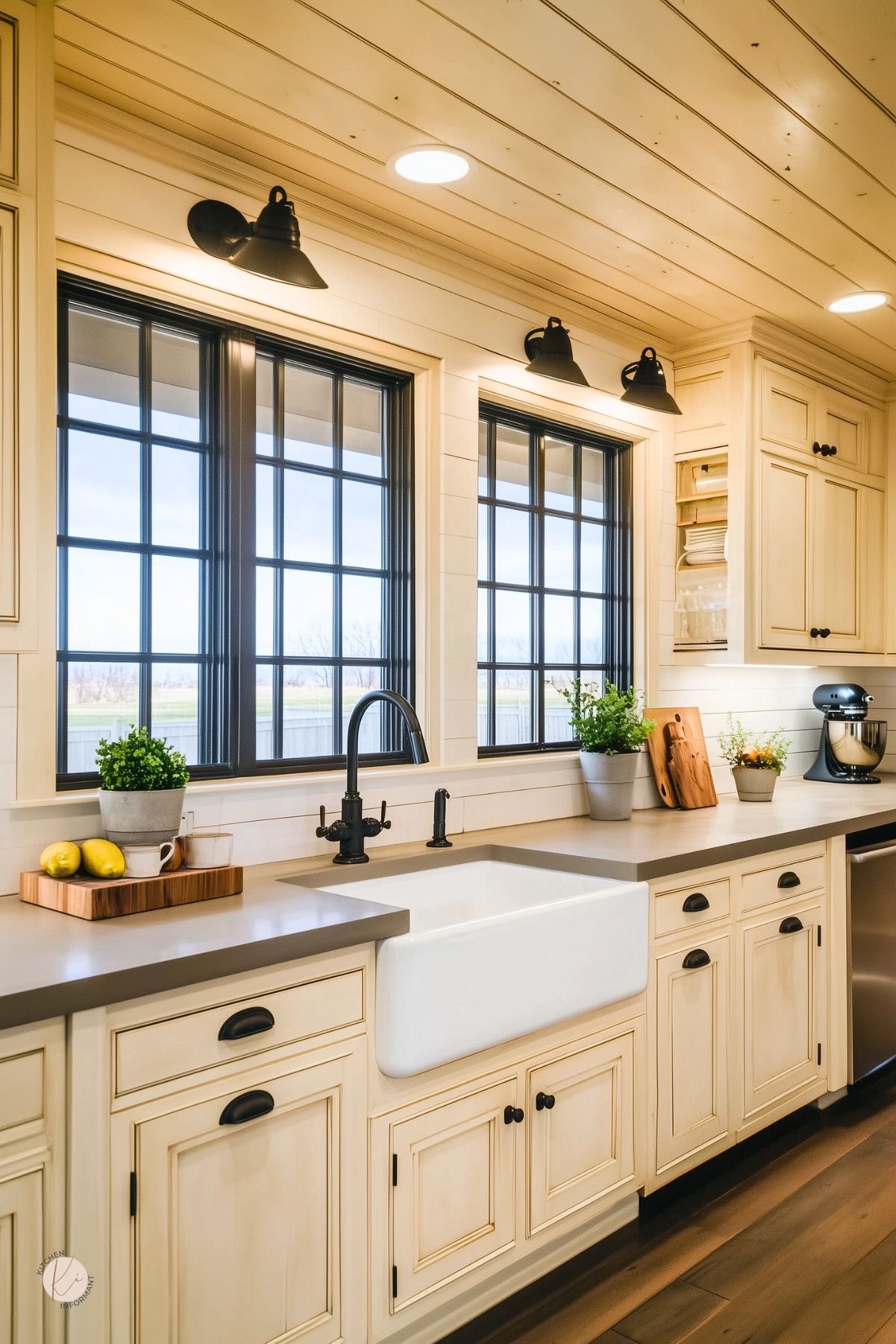 Cream kitchen cabinets with black hardware and gray countertops, a white apron-front farmhouse sink beneath three black barn lights and grid black windows. Shiplap ceiling and backsplash, stainless dishwasher, mixer, potted herbs, wood cutting board, and lemons on a tray. Modern farmhouse kitchen design. Text: “Kitchen Informant” logo.