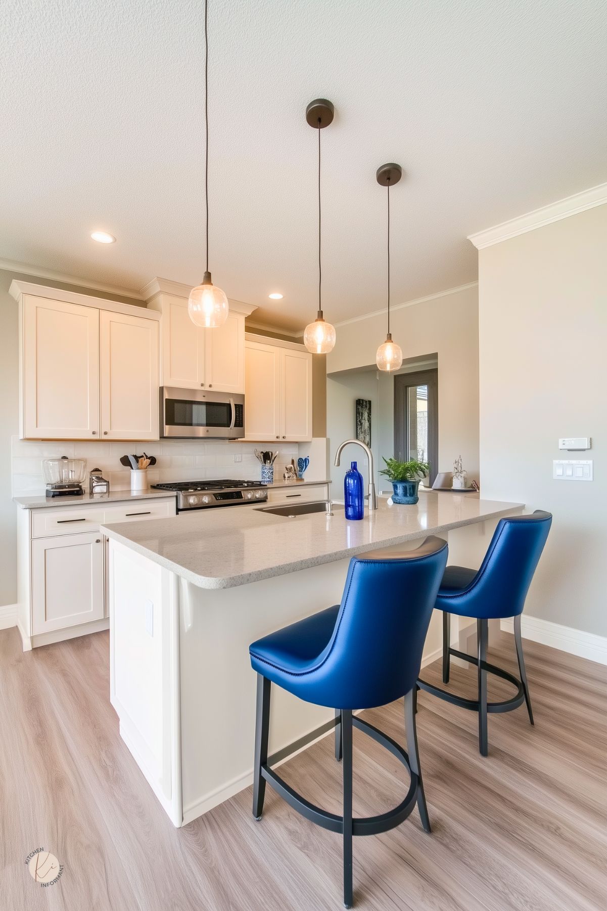 Small modern kitchen with cream shaker cabinets, light quartz countertops, and a peninsula island with sink and three glass globe pendants. Stainless microwave and gas range, white subway tile, light wood floors, and two bright blue barstools add color. Neutral walls. Text: “Kitchen Informant” logo.
