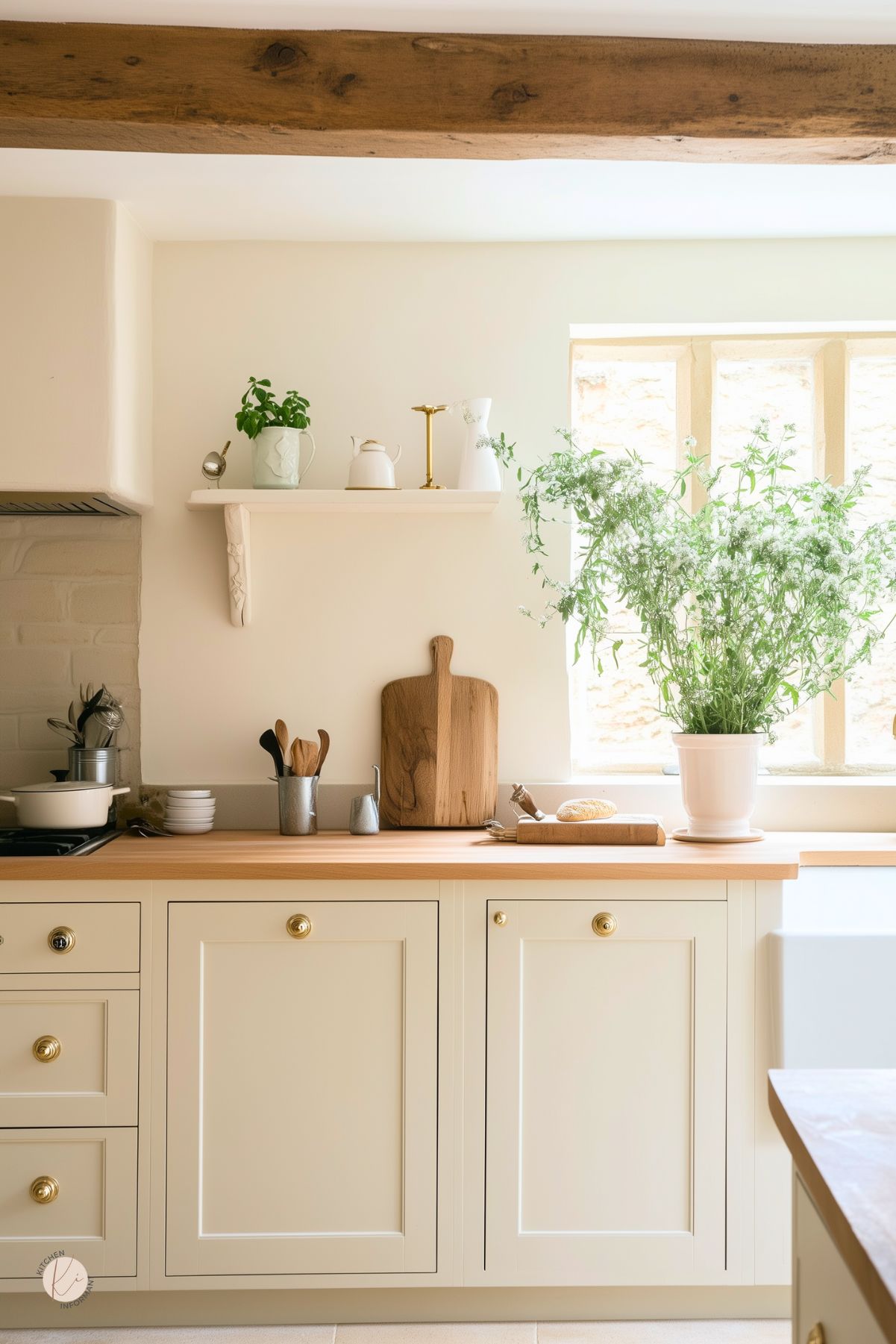 Cottage farmhouse kitchen with cream shaker cabinets, brass knobs, and light wood countertops. Exposed ceiling beam, single open shelf with ceramics, large potted greenery by a sunlit window, cutting boards and fresh bread beside a farmhouse sink. Warm neutral palette. Text: “Kitchen Informant” logo.