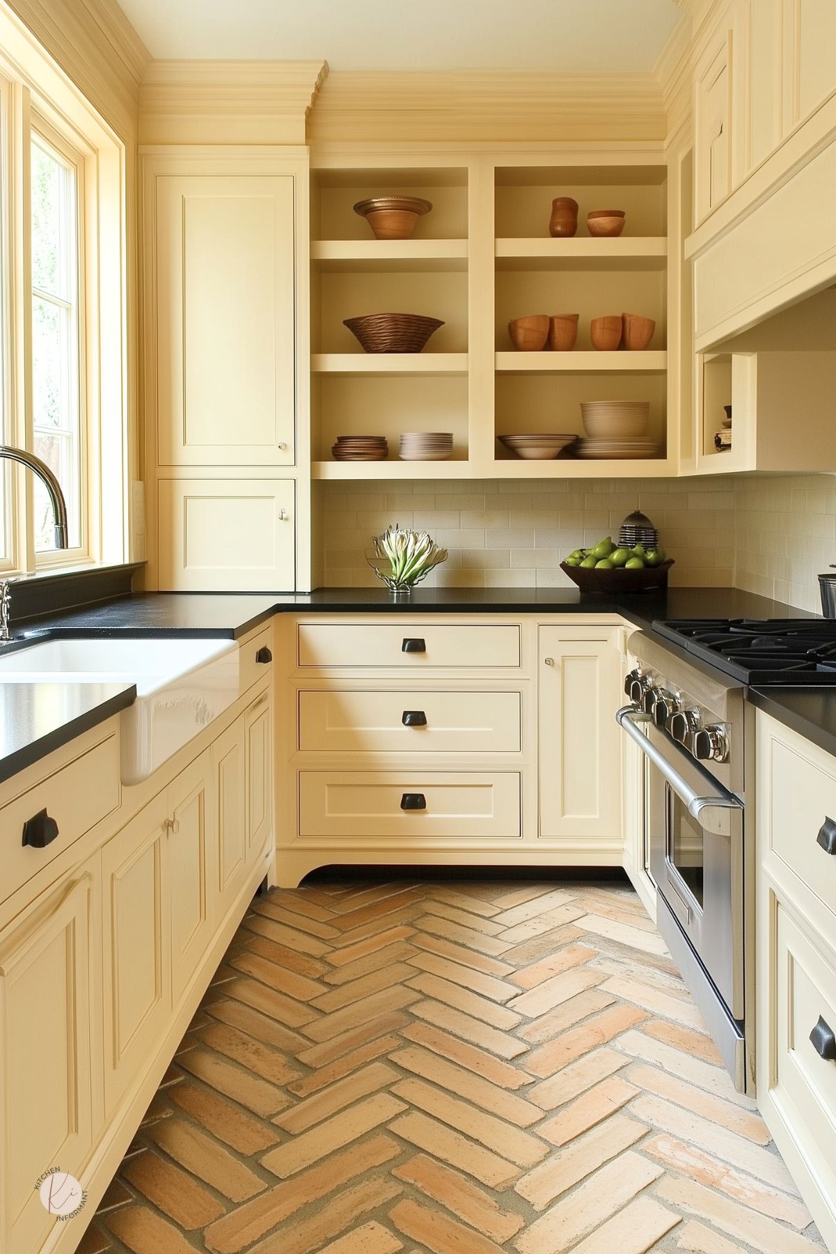 Cream kitchen with shaker cabinets and black countertops, apron-front farmhouse sink, open shelves with terracotta bowls, and a stainless professional range. Warm herringbone brick floor, subway tile backsplash, and black hardware under a tall window. Traditional kitchen design. Text: “Kitchen Informant” logo.