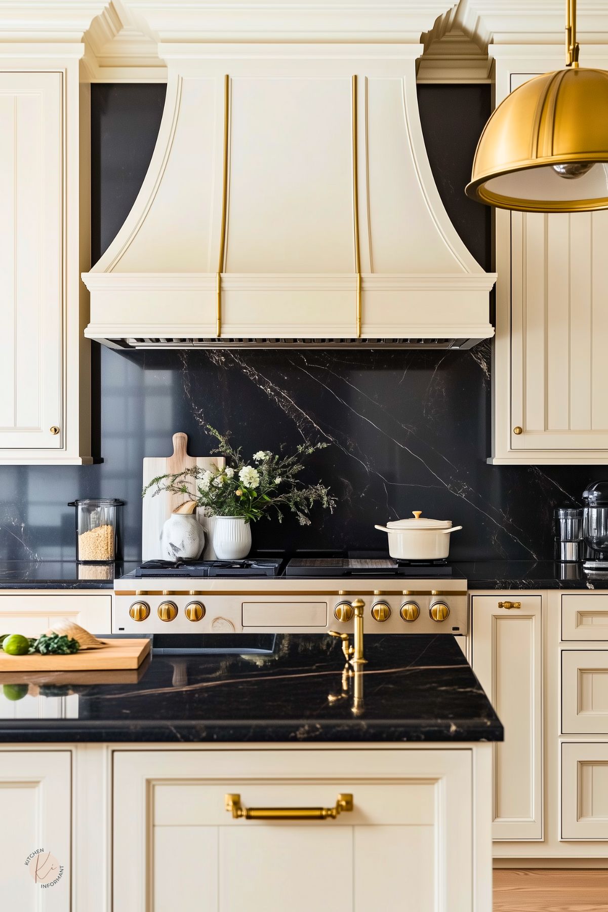 Cream kitchen cabinets with a grand paneled range hood, black marble backsplash and countertops, and brass hardware for a luxury kitchen look. Island with matching black marble top and brass bridge faucet; professional range with gold knobs, dome pendant, cutting boards, and flowers. Text: “Kitchen Informant” logo.