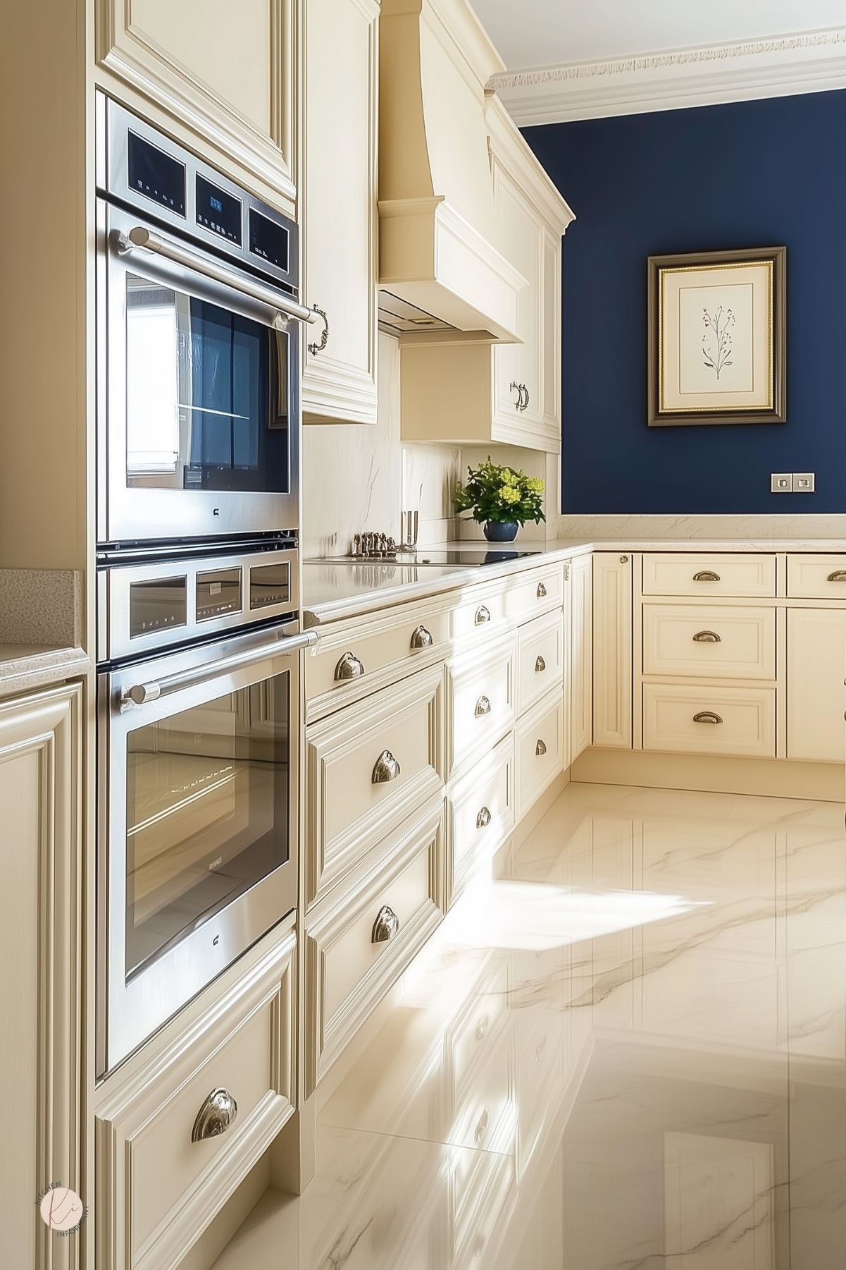 Cream kitchen with raised-panel cabinets, polished marble-look floor, and cream quartz countertops. Stainless double wall ovens, paneled range hood, and cup-pull hardware. Navy blue accent wall with framed botanical art adds contrast. Classic traditional kitchen design, bright and elegant. Text: “Kitchen Informant” logo.