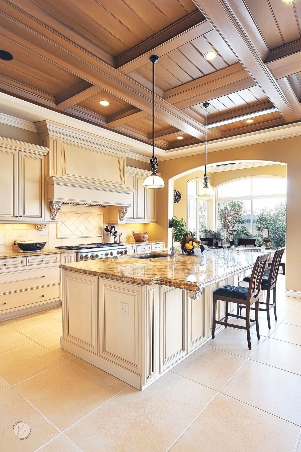 Traditional kitchen with cream cabinets and a paneled range hood, coffered wood ceiling, and a large granite island with seating. Pendant lights, diamond-tile backsplash, professional range, and big arched windows leading to a sunny breakfast area. Beige large-format tile floor. Text: “Kitchen Informant” logo.