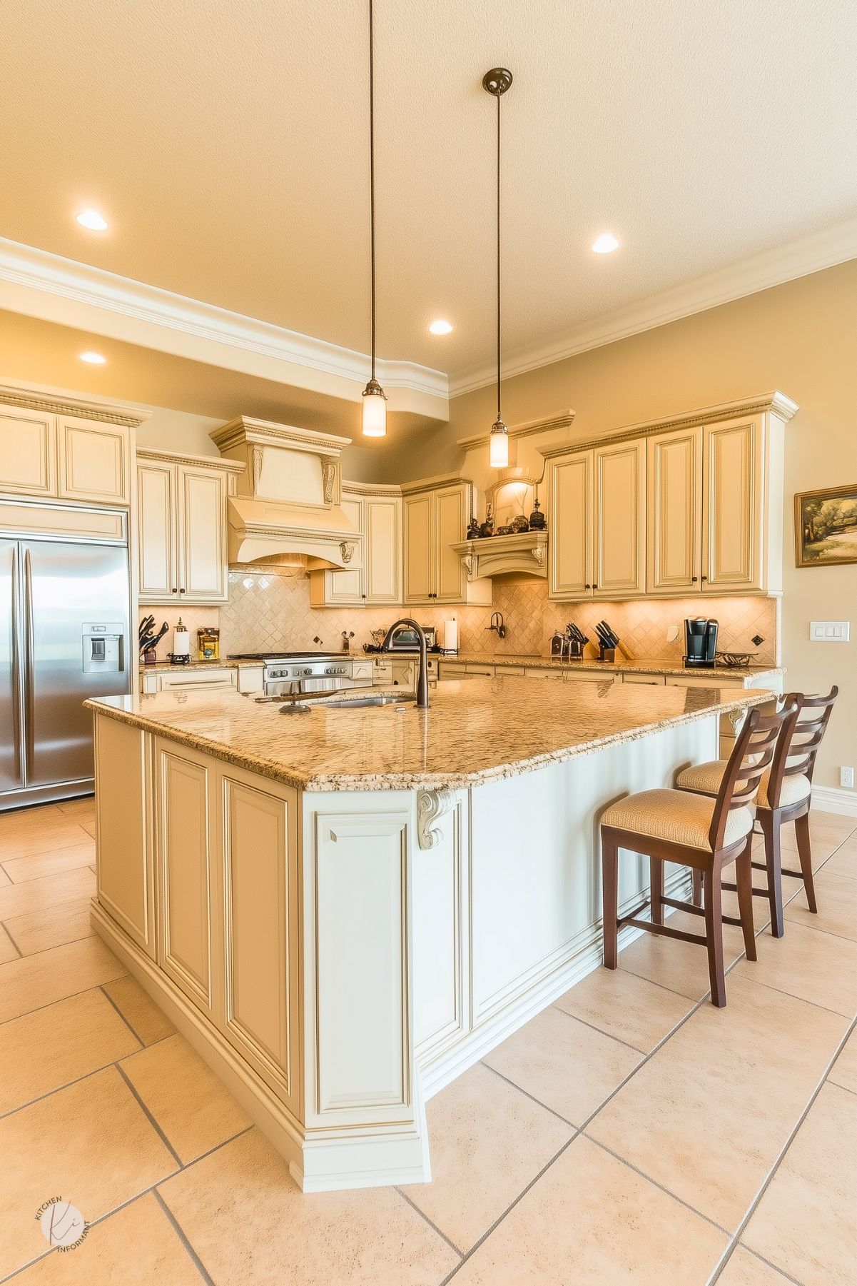 Traditional cream kitchen with raised-panel cabinets, ornate range hood and corbels, a large granite peninsula with sink and seating, stainless French-door fridge and pro range, pendant lights, crown molding, and beige tile floor. Warm neutral palette. Text: “Kitchen Informant” logo.