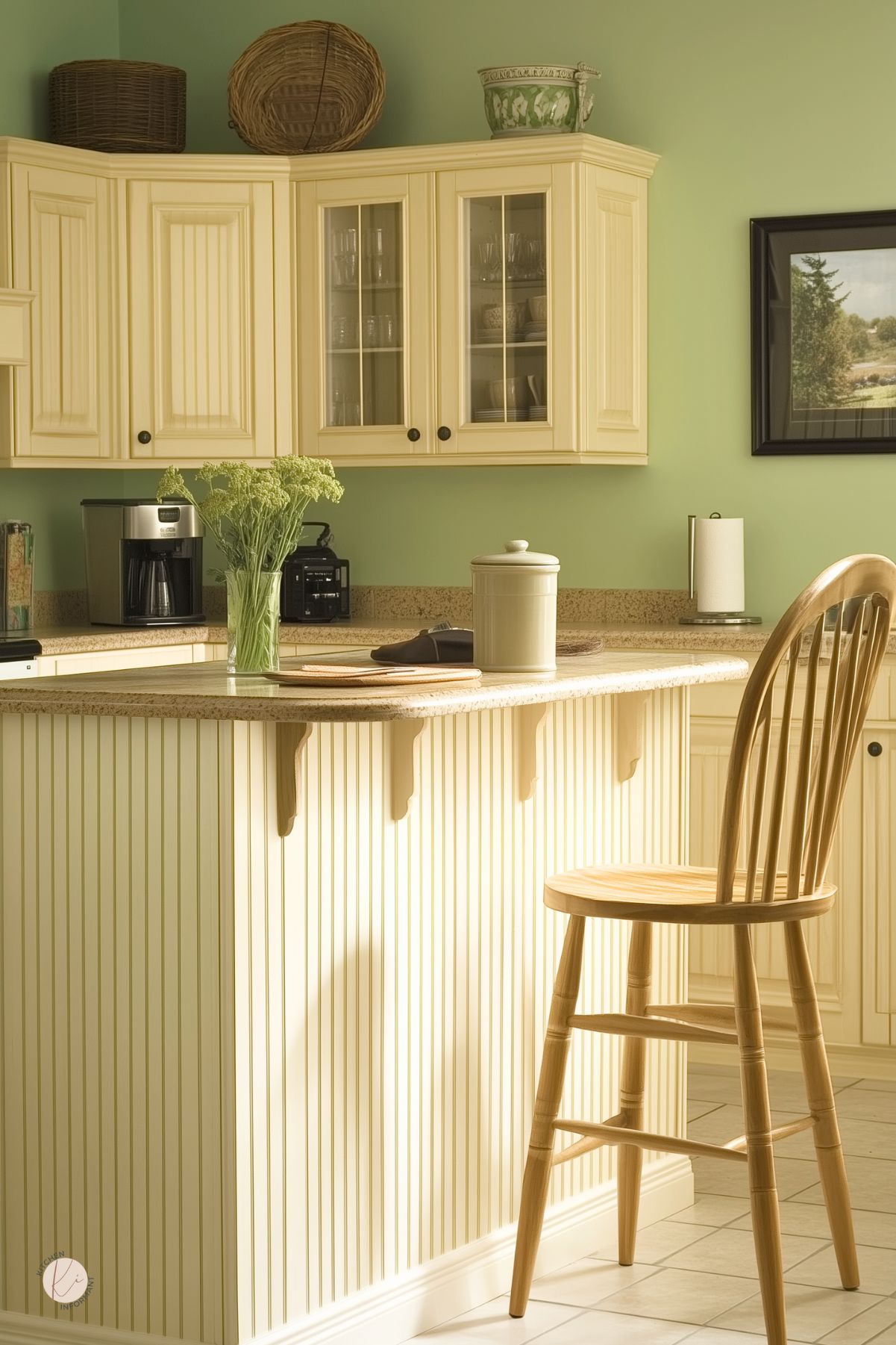 Cream kitchen with beadboard cabinets and a peninsula breakfast bar on corbels, tan granite-look countertops, and a light wood barstool. Glass-front uppers, green walls, tile floor, baskets on top of cabinets, coffee station, framed landscape art, and a vase of greens. Cottage farmhouse kitchen design. Text: “Kitchen Informant” logo.