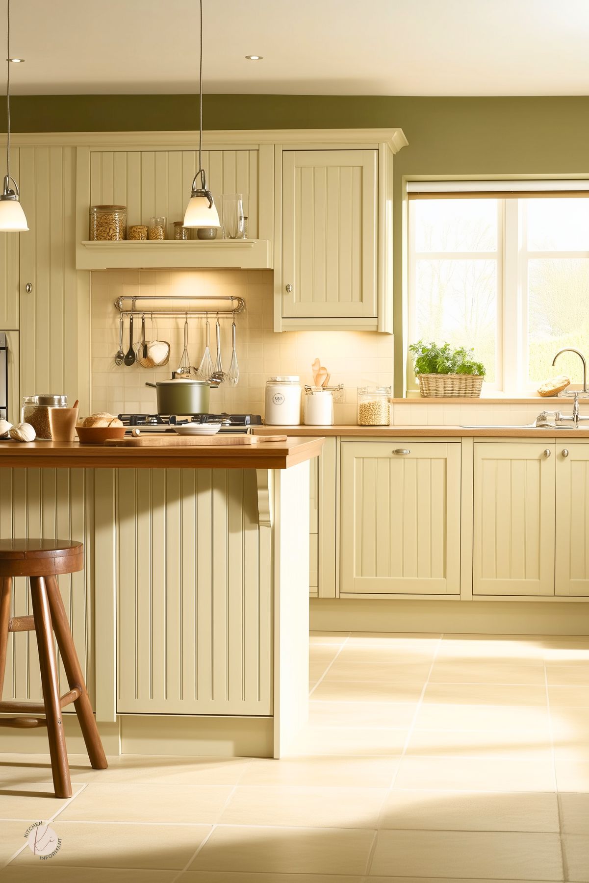 Cream kitchen with beadboard cabinets and a wood-top island, pendant lights, and a gas cooktop under a small hood. Olive green wall above, large window, and beige tile floor with a wooden stool. Utensil rail, storage jars, and a basket of herbs on the counter for cozy farmhouse style. Text: “Kitchen Informant” logo.