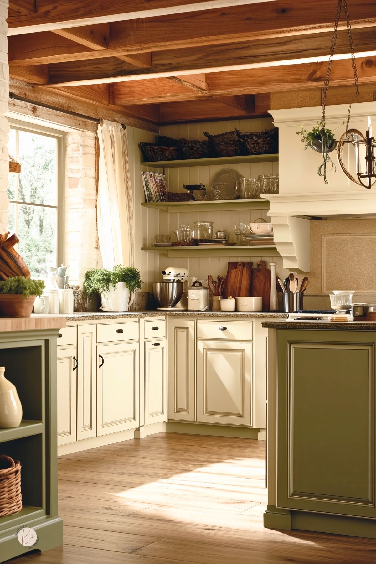 Rustic farmhouse kitchen with cream cabinets, olive green island and shelves, exposed wood beams, beadboard walls, and warm wood floors. Open shelving holds glassware and baskets; range hood with corbels, window with curtain, potted herbs, and cutting boards on the counter. Text: “Kitchen Informant” logo.